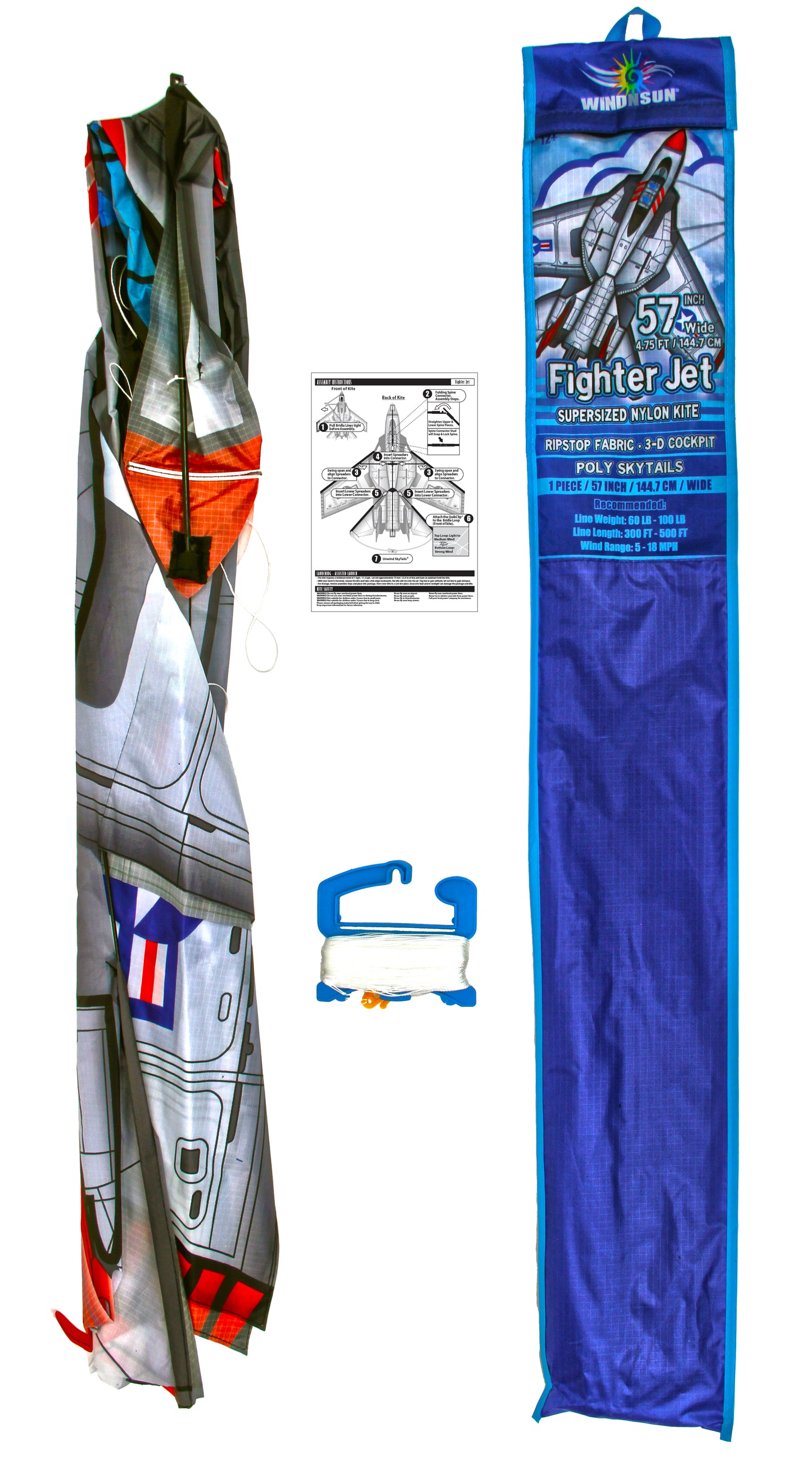 WindNSun SuperSized Fighter Jet Nylon Kite w/ 3D Cockpit, 57 Inches Wide