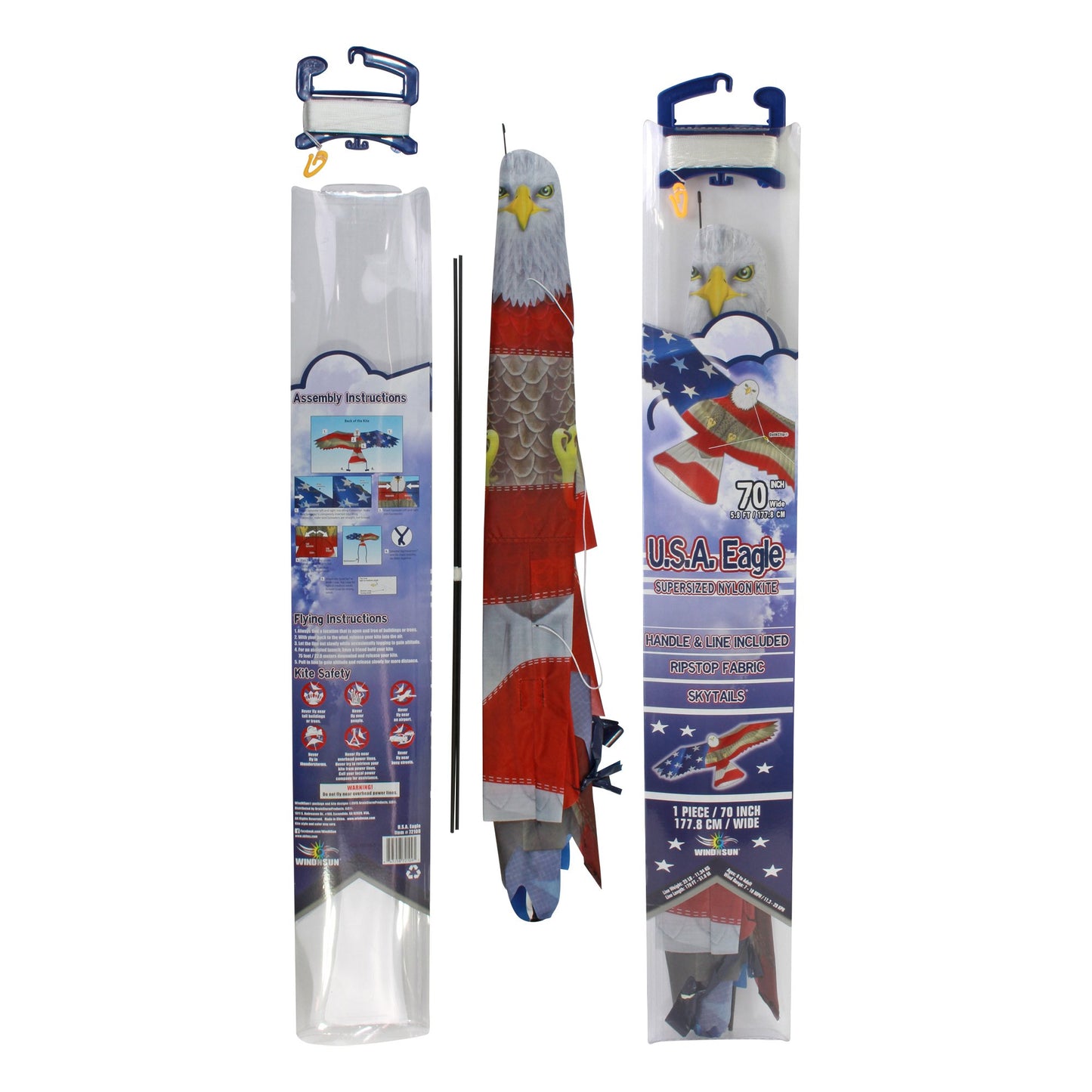WindNSun Patriotic Eagle 70" and USA Flag 48" Nylon Kite Bundle packaging and contents
