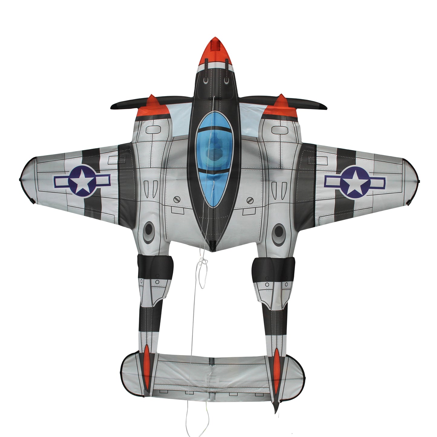 A photo looking straight at the WindNSun SuperSize Ultra P-38 Lightning kite on a white background