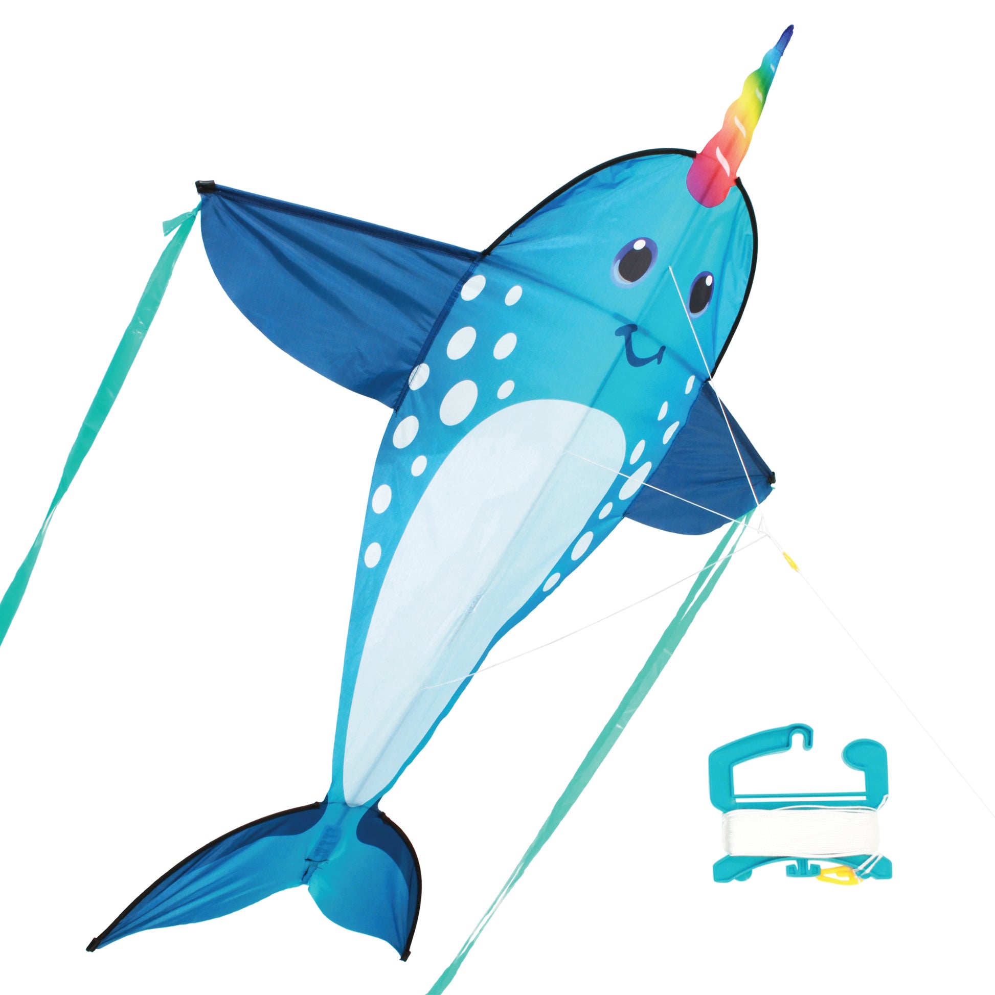 WindNSun SuperSize 2-D Narwhal Ripstop Nylon Figure Kite  shown with handle