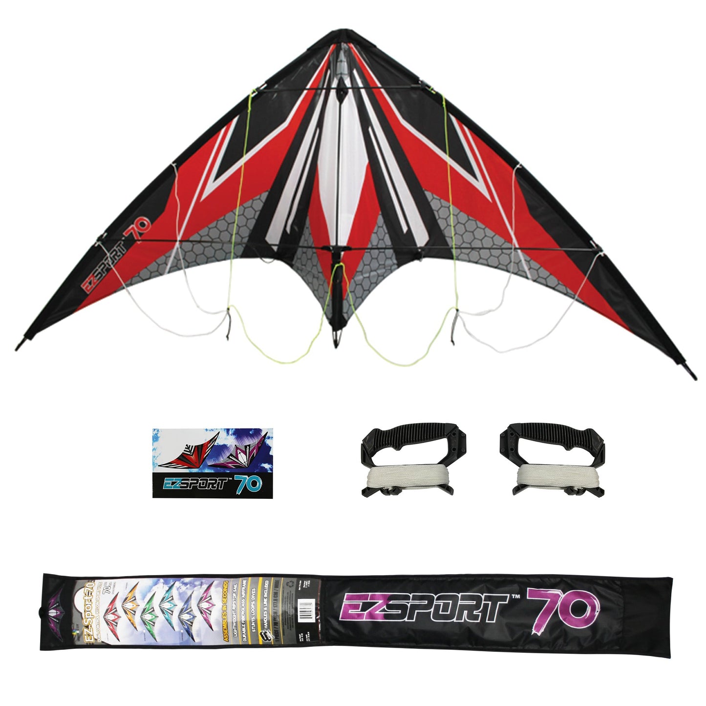 WindNSun EZ Sport 70 Dual Control Sport Kite Red Hexagon Nylon Kite photo showing handle