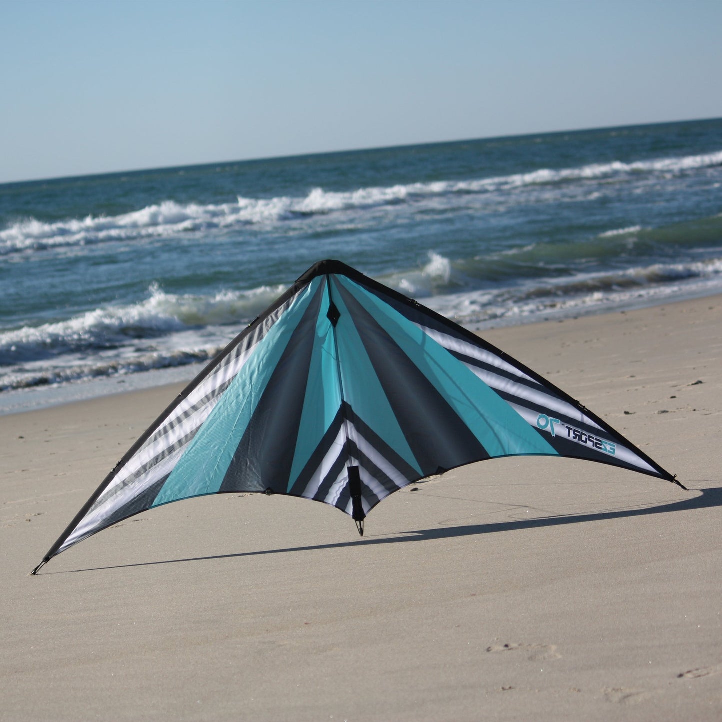 WindNSun EZ Sport 70 Dual Control Sport Kite Teal Stripe Nylon Kite photo of product in use