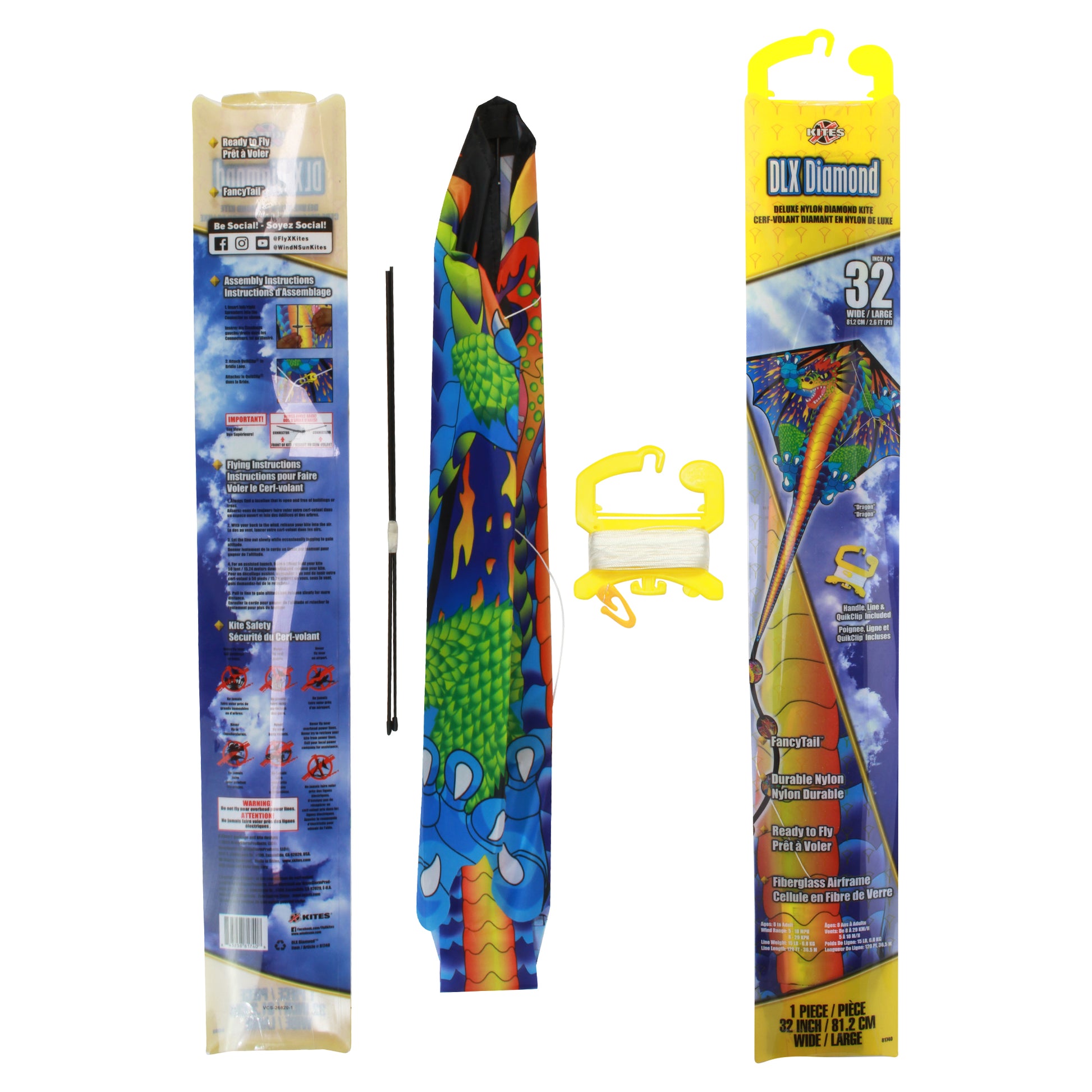 X Kites DLX Diamond Dragon Nylon Kite packaging and contents