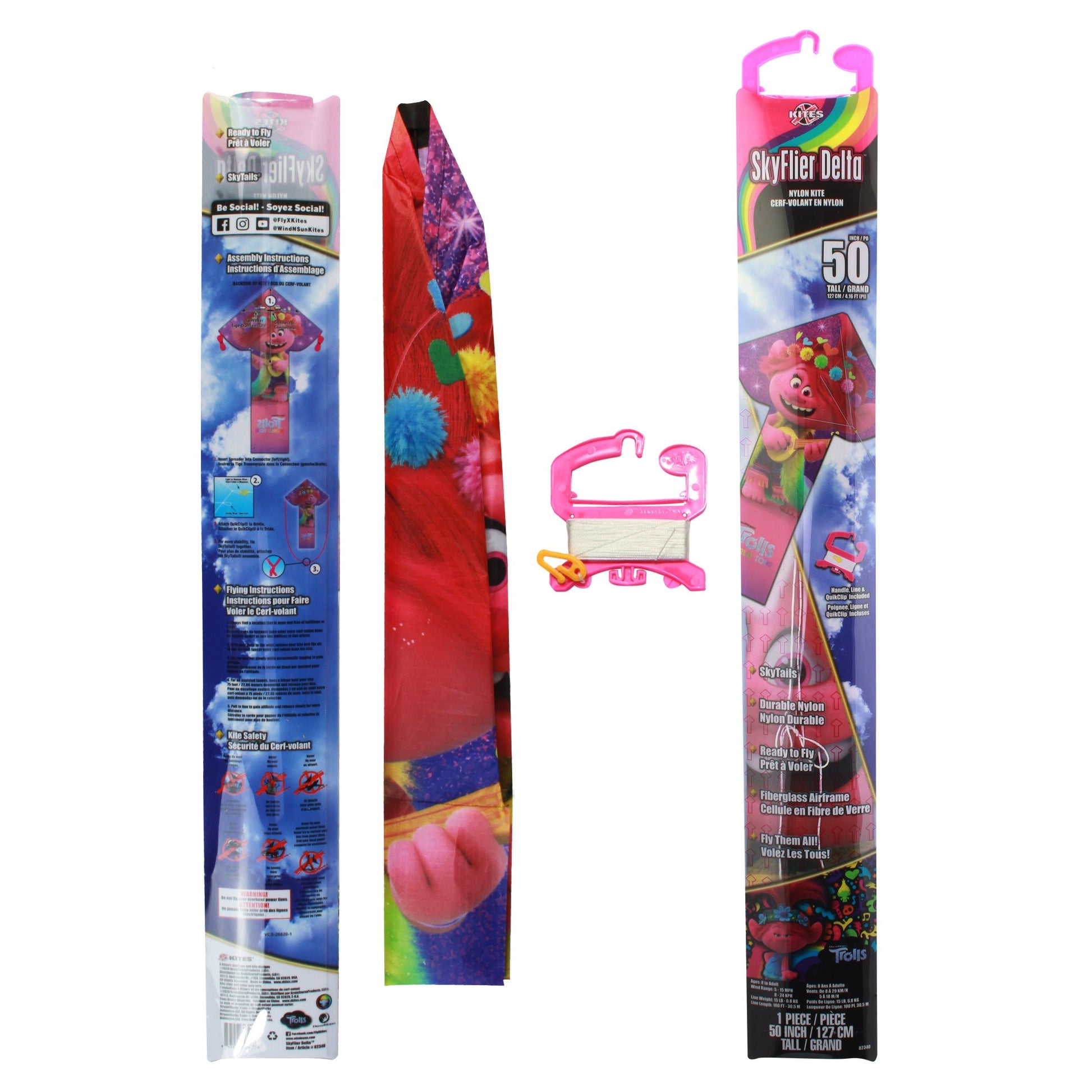 X Kites Skyflier 50 Trolls Poppy Nylon Kite packaging and contents