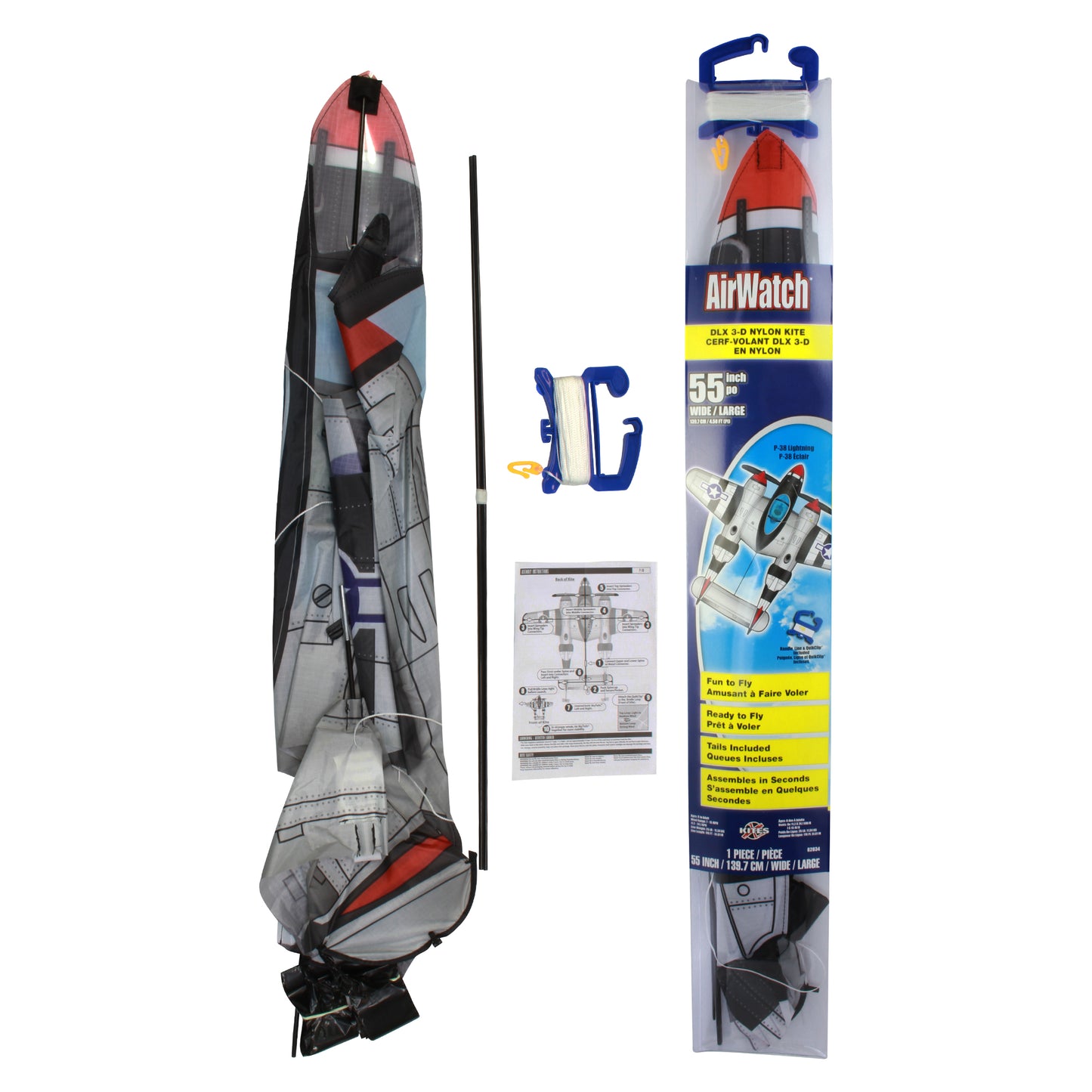 X Kites Air Watch P-38 DLX 3D Nylon Kite packaging and contents
