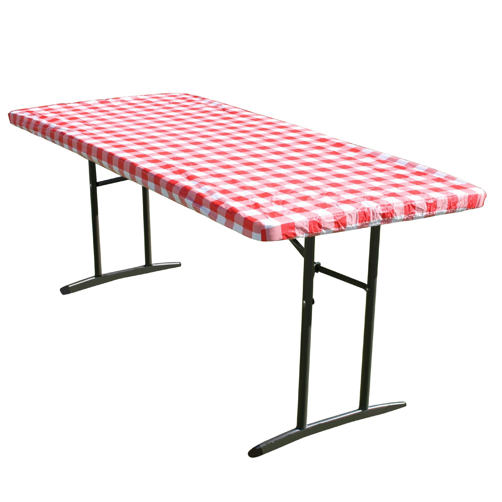 TableCloth PLUS 72" Checkerboard Red and White Fitted Polyester Tablecloth for 6' Folding Tables displayed adorning a folding table