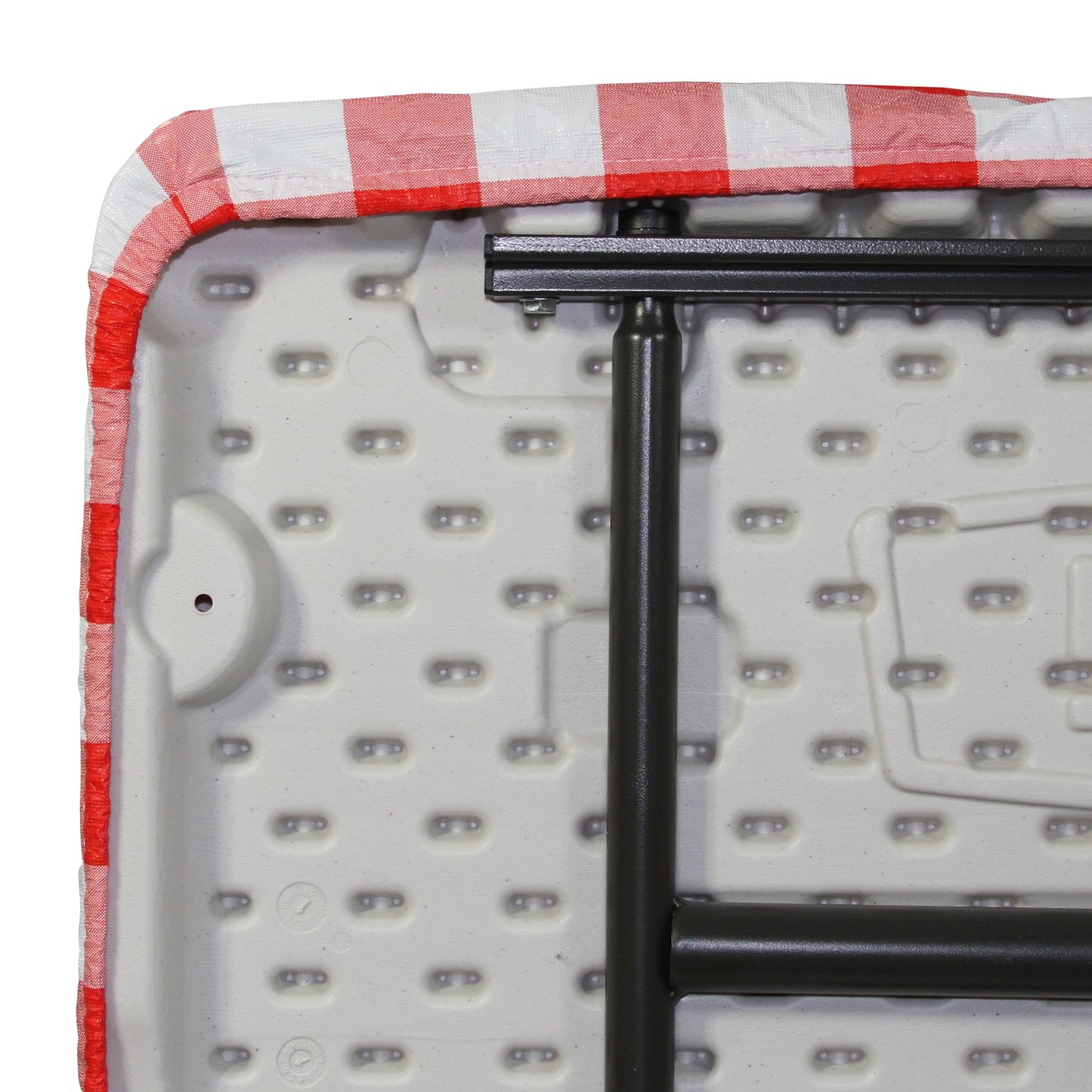A closeup of a TableCloth PLUS 72" Checkerboard Red and White Fitted Polyester Tablecloth for 6' Folding Tables gripping a folding table around the entire table edge