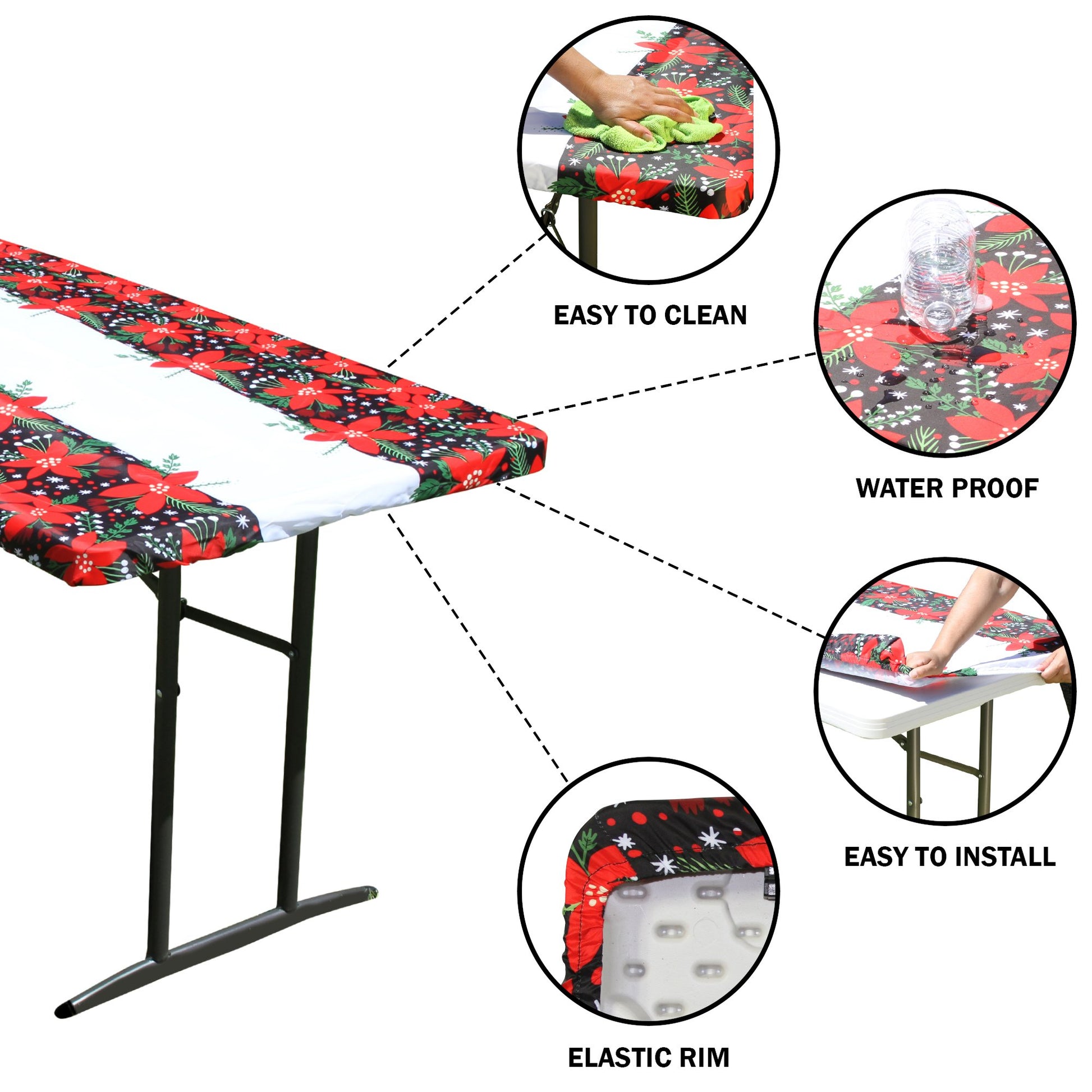 TableCloth PLUS 72" Winter Fitted Polyester Tablecloth for 6' Folding Tables is easy to clean, water proof, easy to install, and has an elastic rim