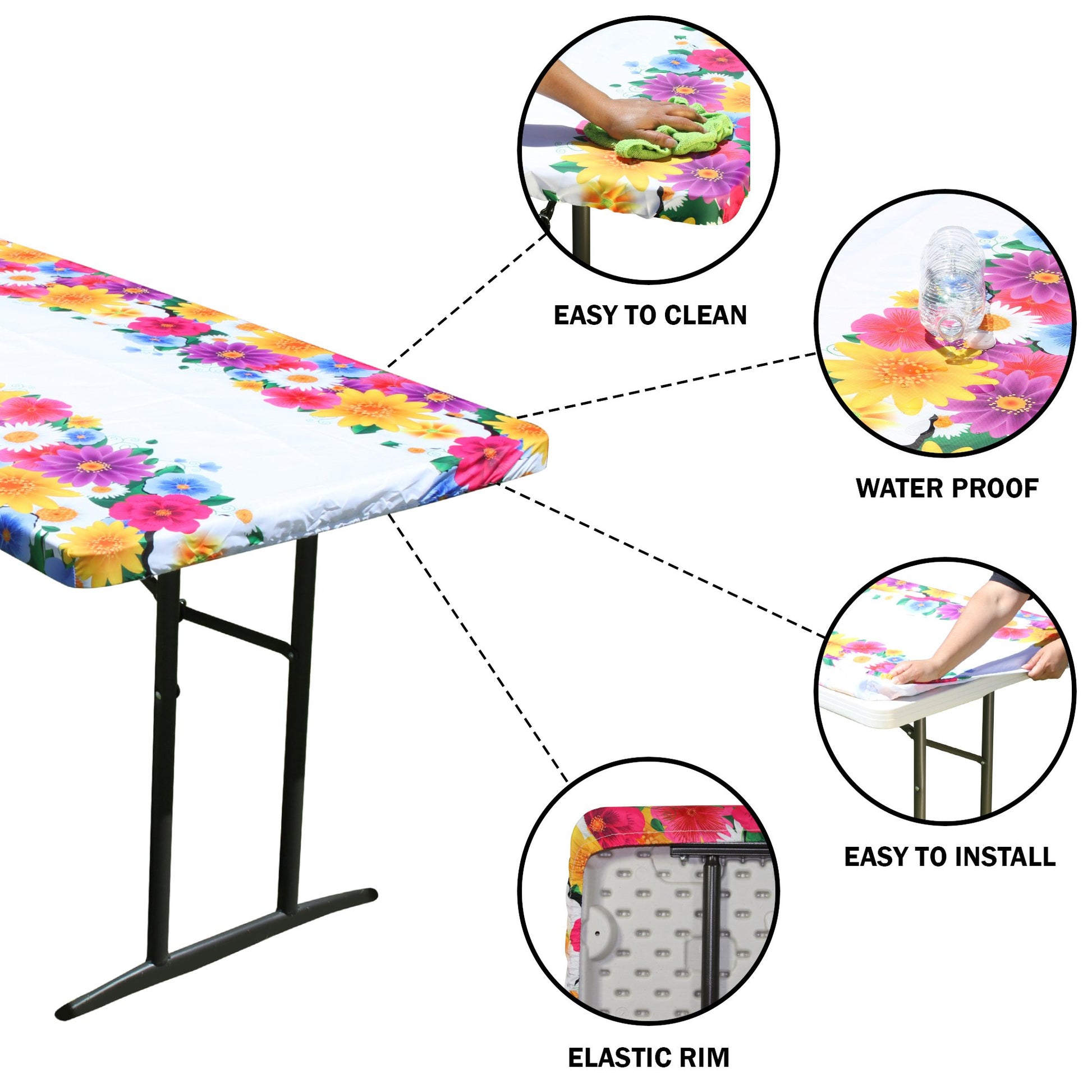 TableCloth PLUS 72" Spring Fitted Polyester Tablecloth for 6' Folding Tables is easy to clean, water proof, easy to install, and has an elastic rim