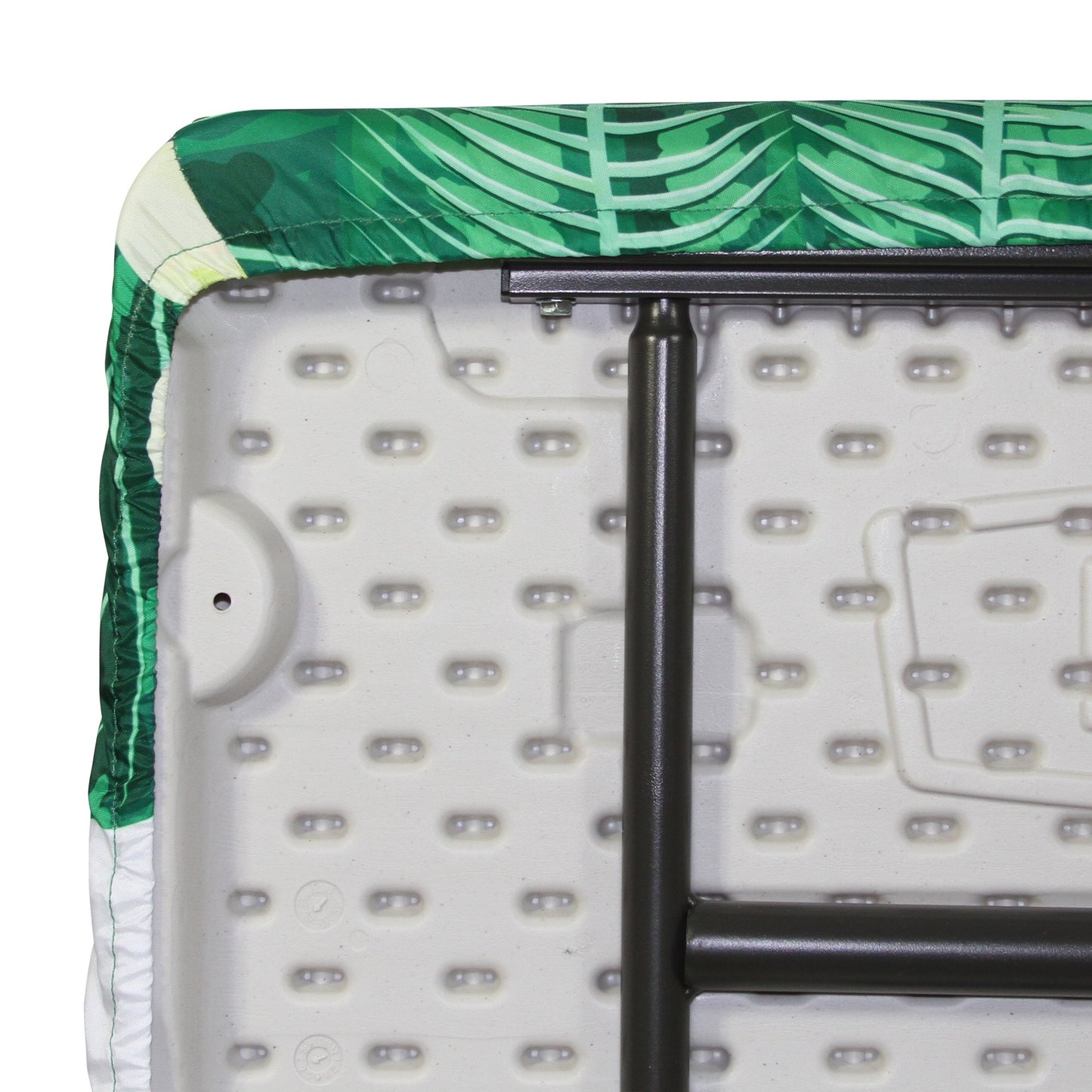 A closeup of a TableCloth PLUS 72" Summer Fitted Polyester Tablecloth for 6' Folding Tables gripping a folding table around the entire table edge
