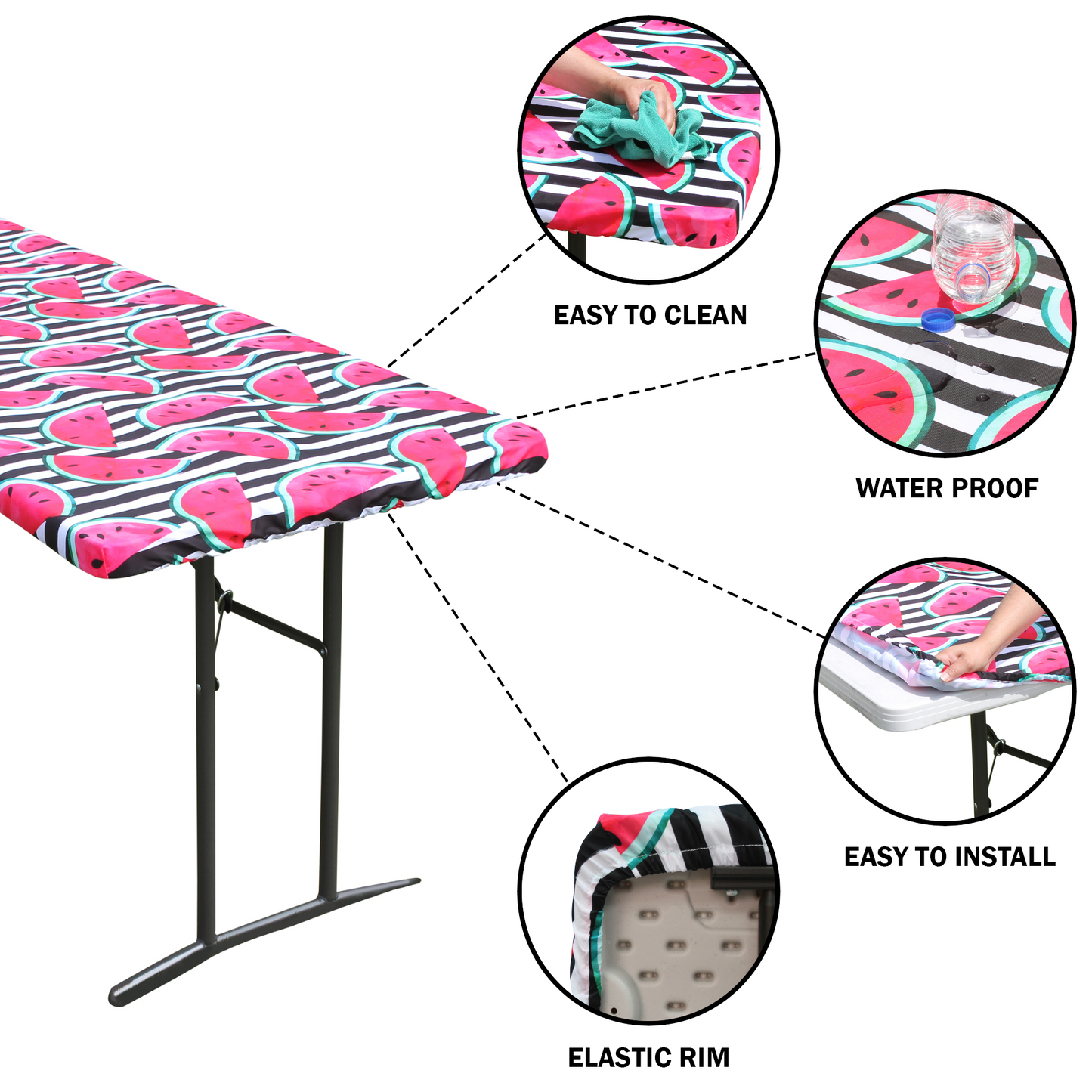 TableCloth PLUS 72" Watermelon Fitted PEVA Vinyl Tablecloth for 6' Folding Tables is easy to clean, water proof, easy to install, and has an elastic rim