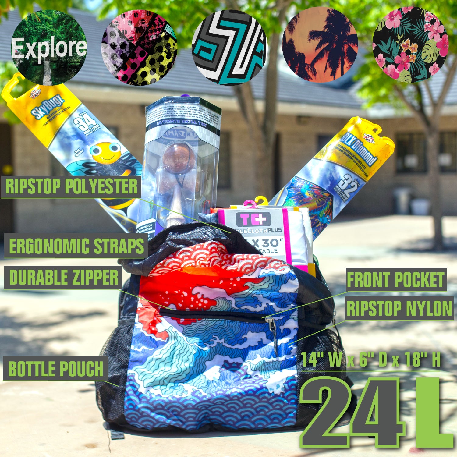 WindNSun Summit GoPak Colorway Squares Folding Lightweight Backpack photo showing handle