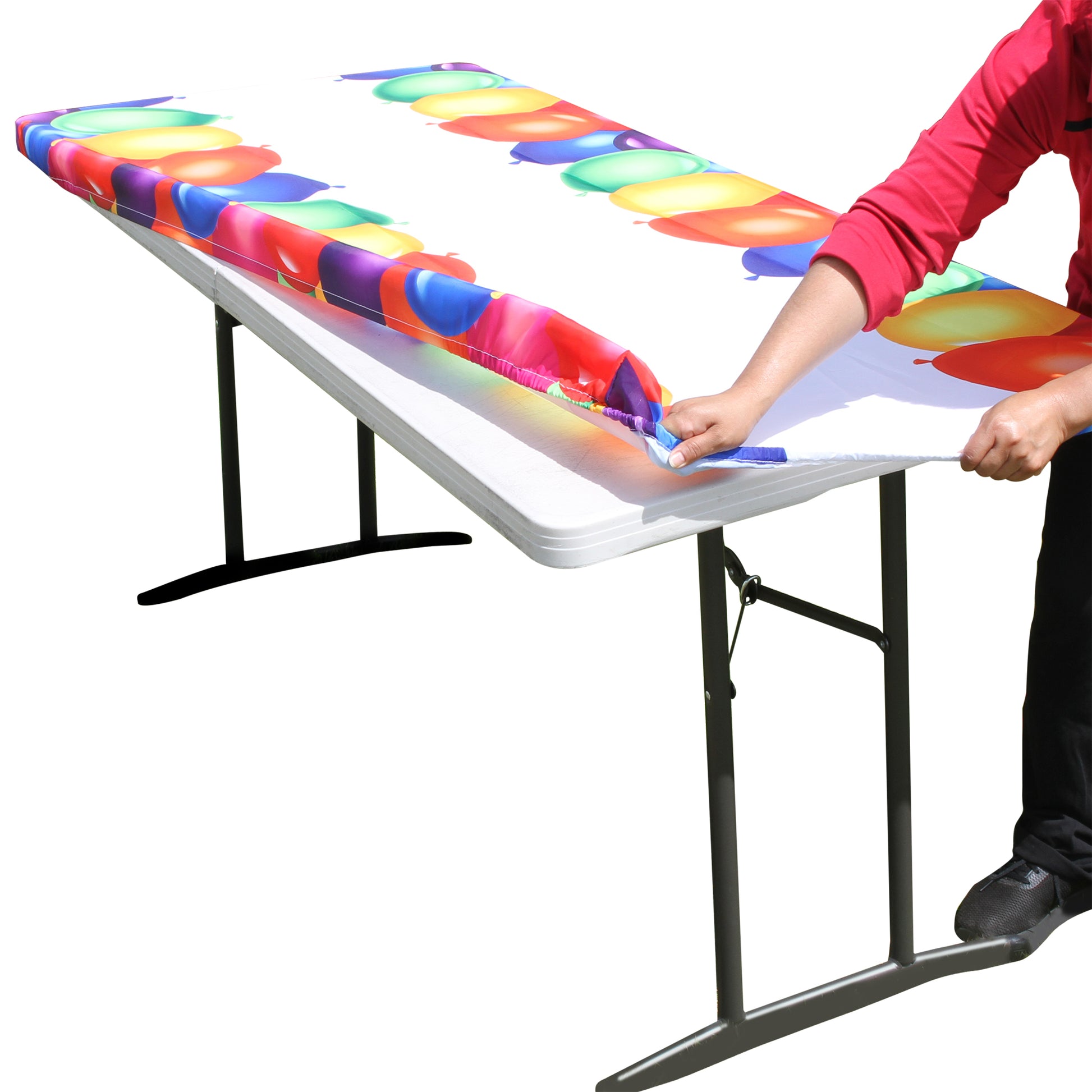 TableCloth PLUS 72" Balloons Fitted PEVA Vinyl Tablecloth for 6' Folding Tables is easy to clean, water proof, easy to install, and has an elastic rim