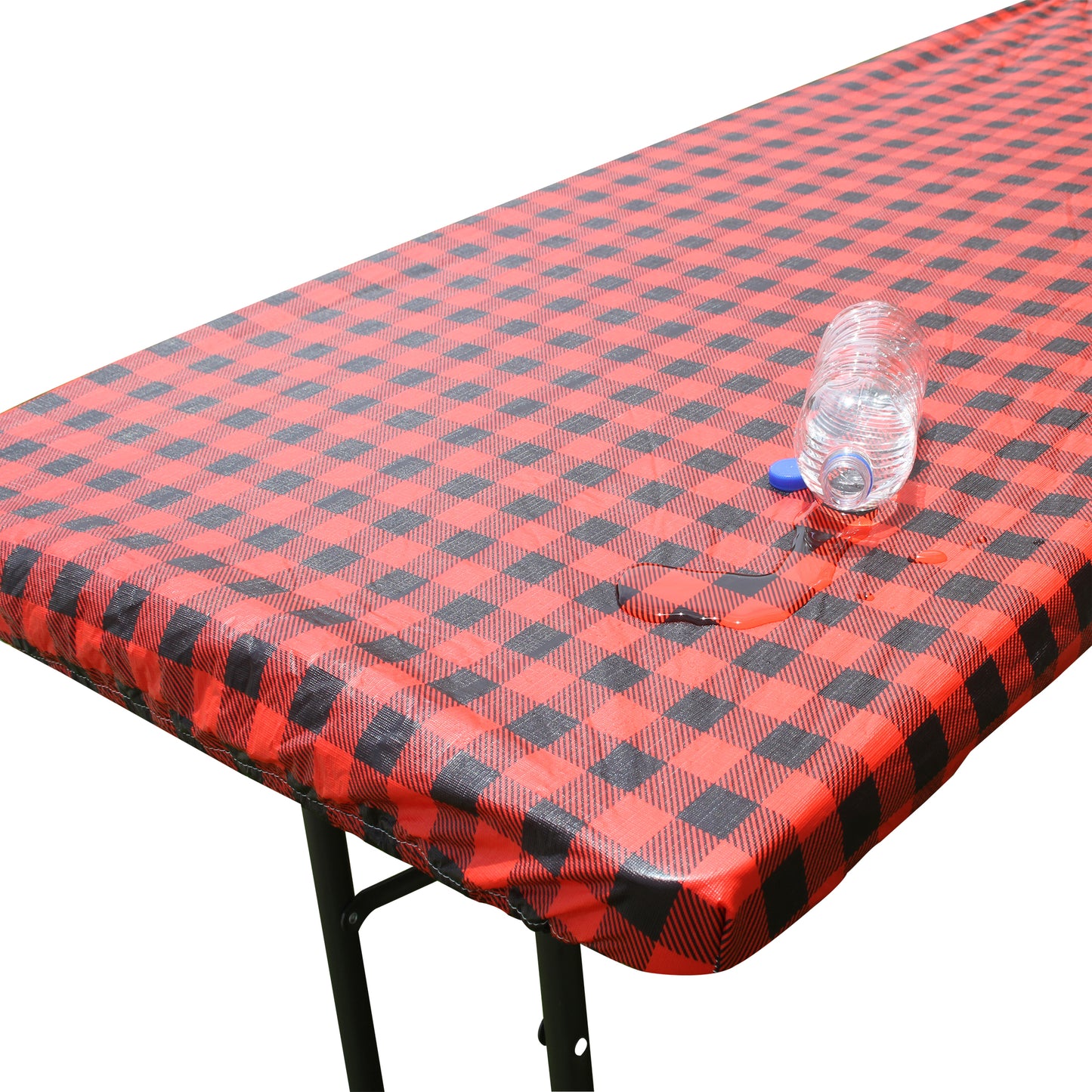 TableCloth PLUS 72" Checkerboard Black and Red Fitted PEVA Vinyl Tablecloth for 6' Folding Tables is easy to clean, water proof, easy to install, and has an elastic rim