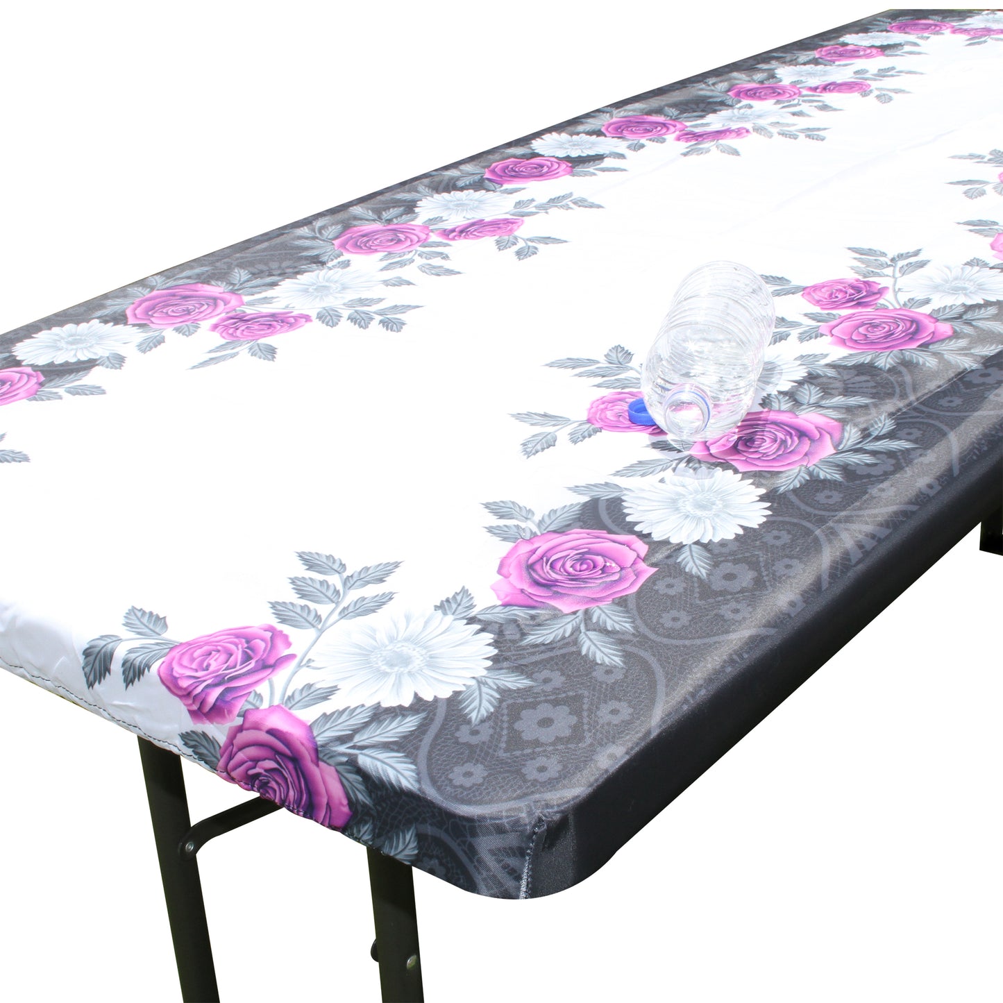 TableCloth PLUS 72" Roses Fitted Polyester Tablecloth for 6' Folding Tables is easy to clean, water proof, easy to install, and has an elastic rim