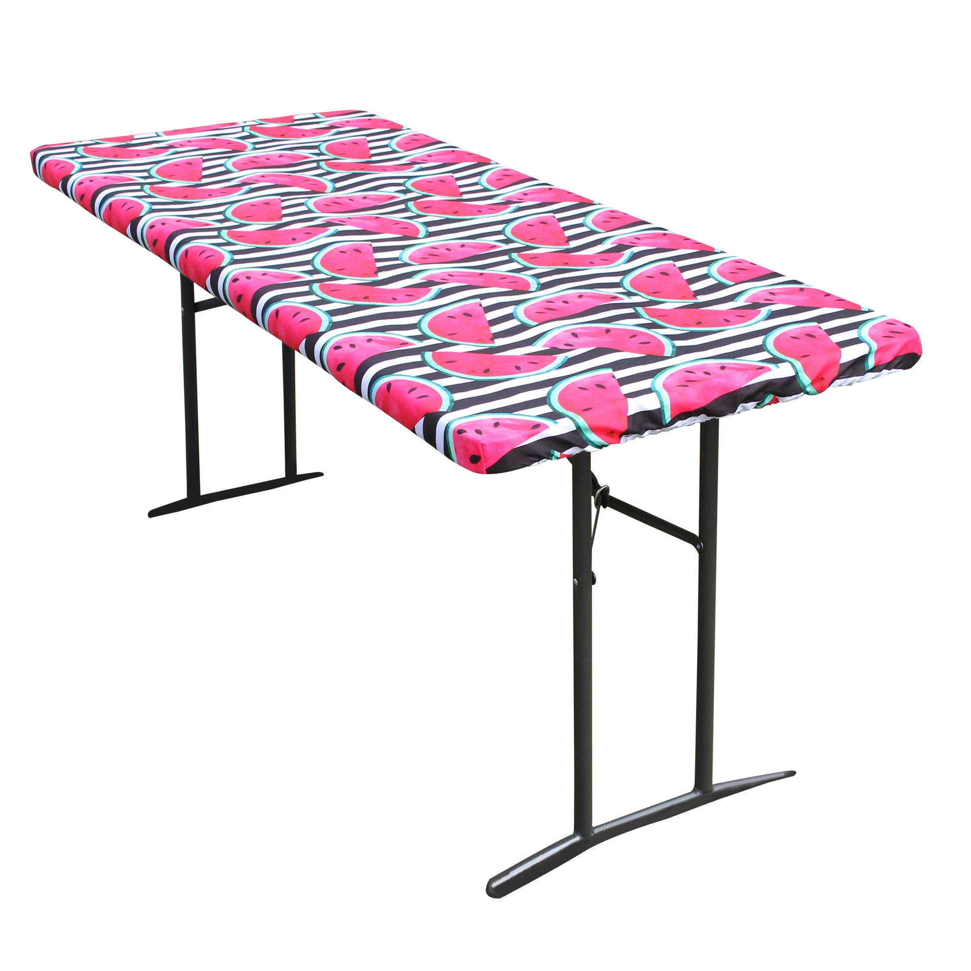 TableCloth PLUS 72" Watermelon Fitted PEVA Vinyl Tablecloth for 6' Folding Tables is easy to clean, water proof, easy to install, and has an elastic rim
