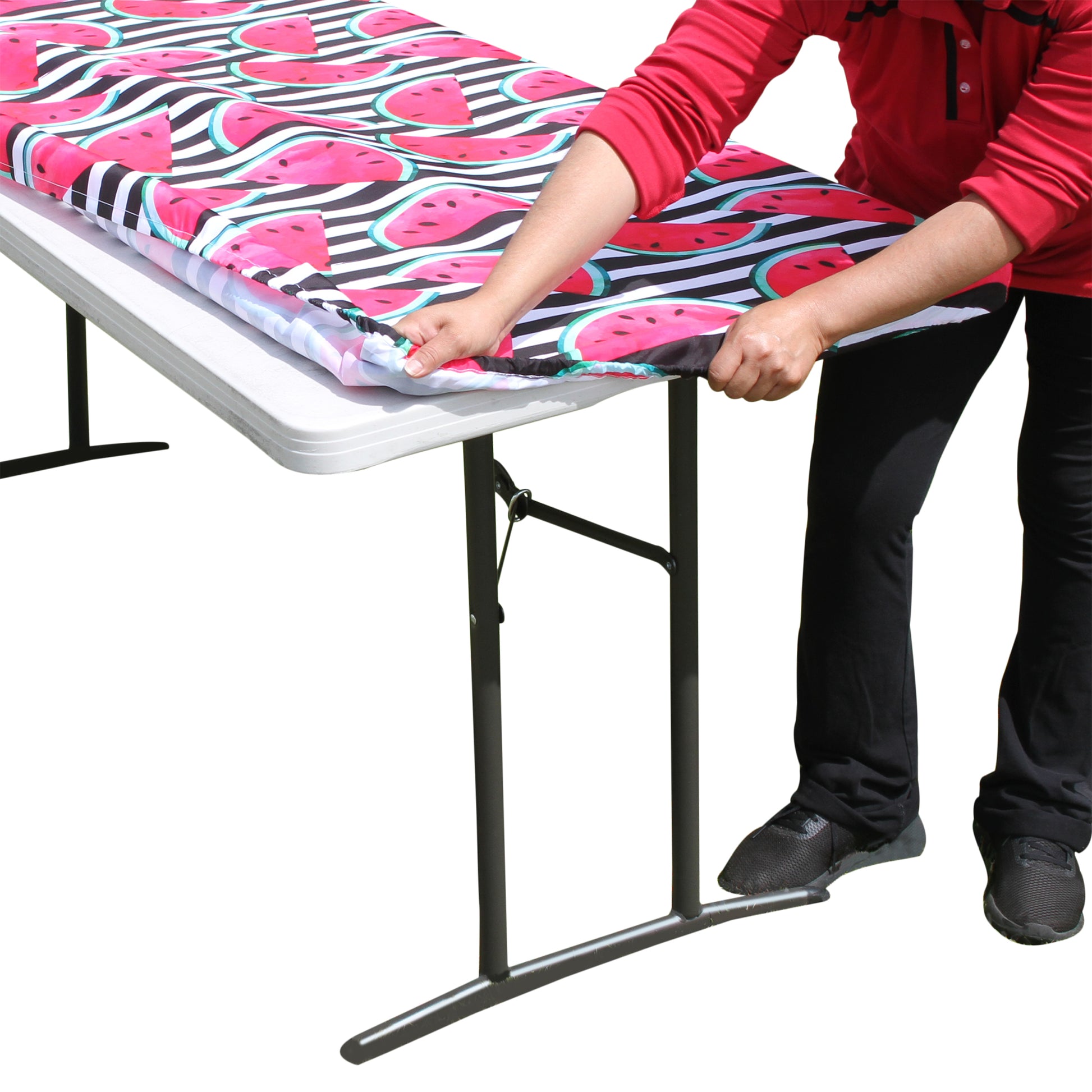 TableCloth PLUS 72" Watermelon Fitted PEVA Vinyl Tablecloth for 6' Folding Tables is easy to clean, water proof, easy to install, and has an elastic rim