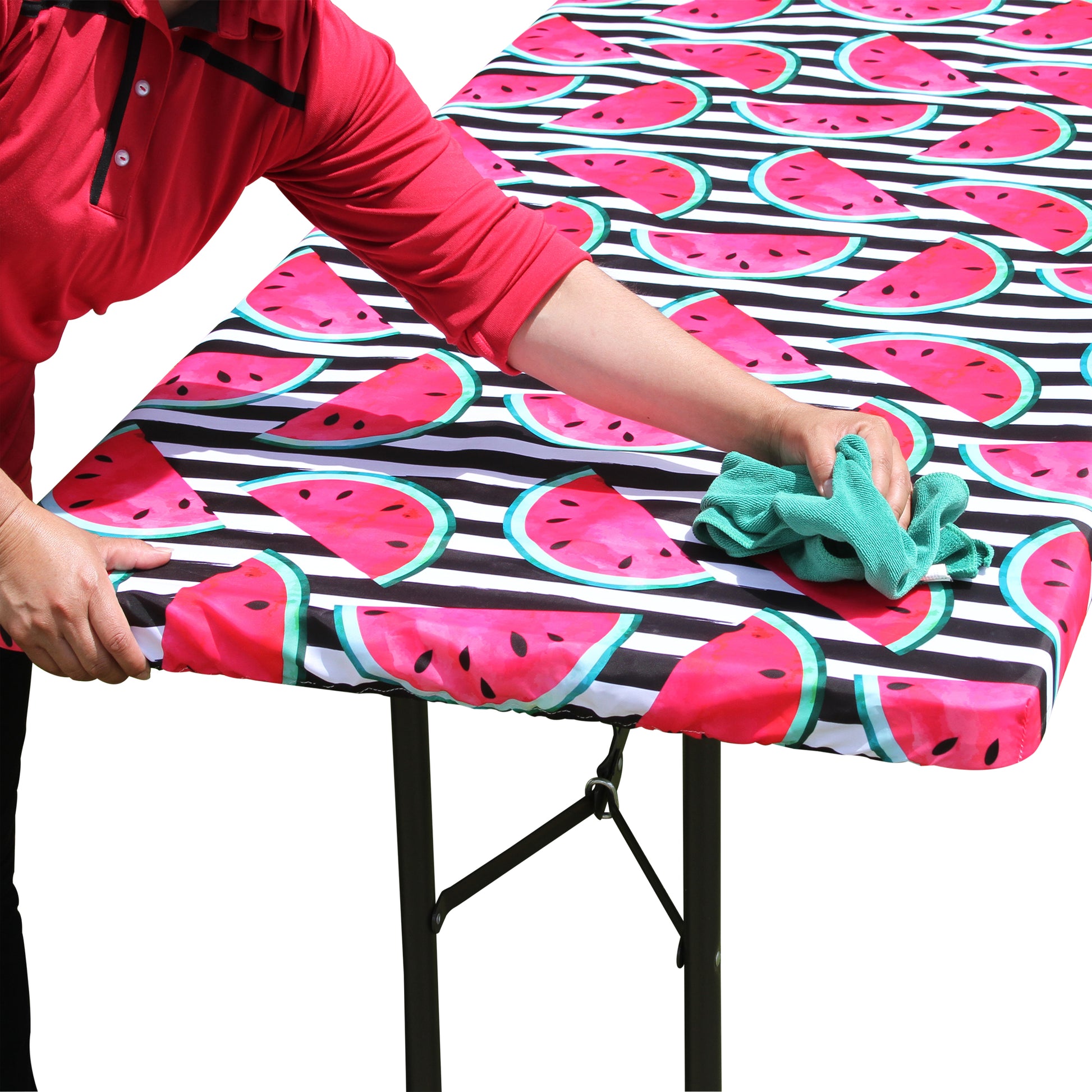 TableCloth PLUS 72" Watermelon Fitted PEVA Vinyl Tablecloth for 6' Folding Tables is easy to clean, water proof, easy to install, and has an elastic rim
