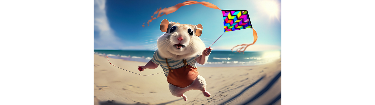 AI generated fish eye photo of a hamster-person flying a X Kites ColorMax Cubes Kite on the beach