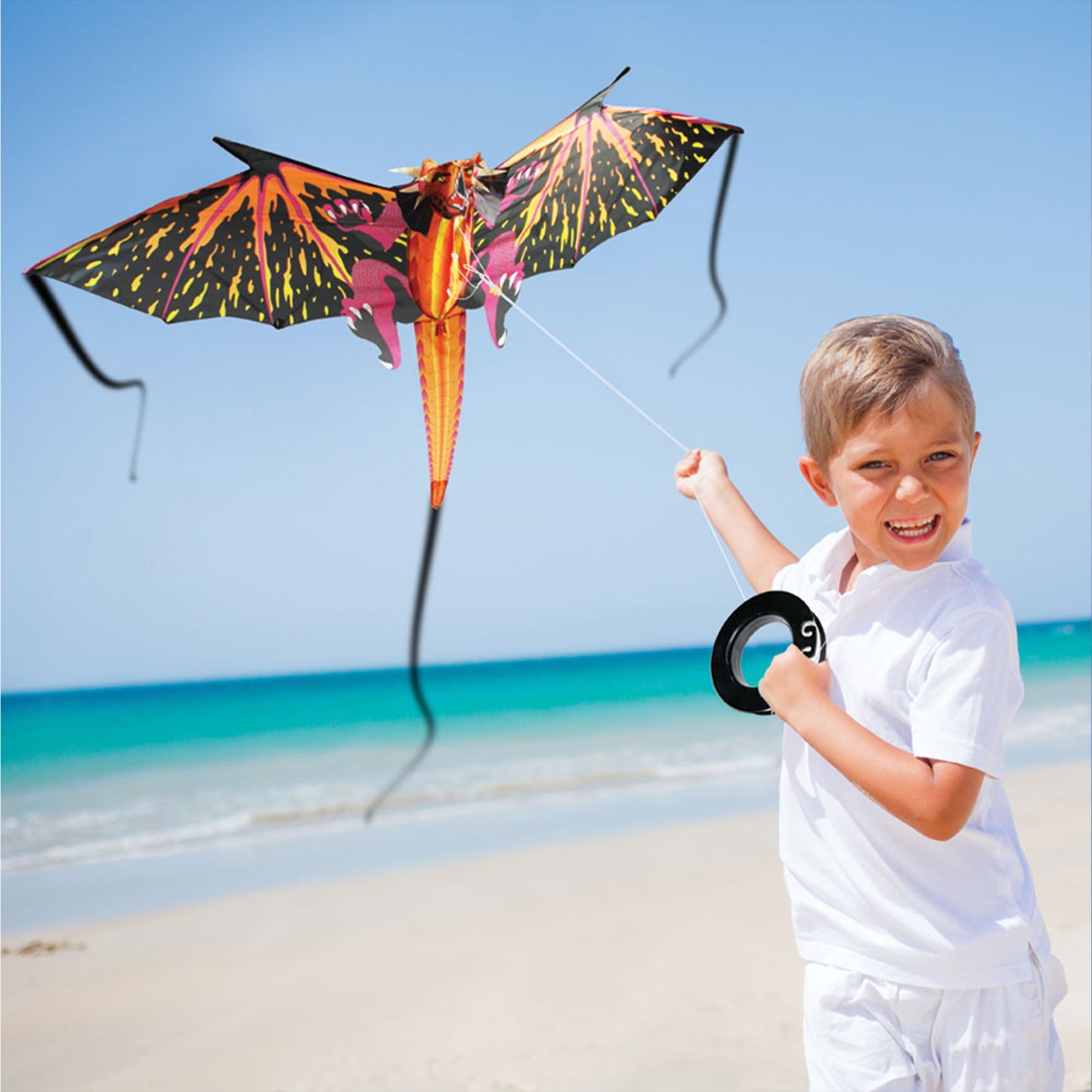 boy flying 3d dragon kite at the beach