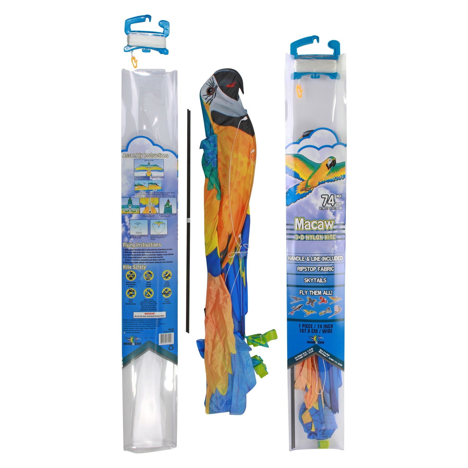 windnsun supersize 3d blue macaw nylon kite package