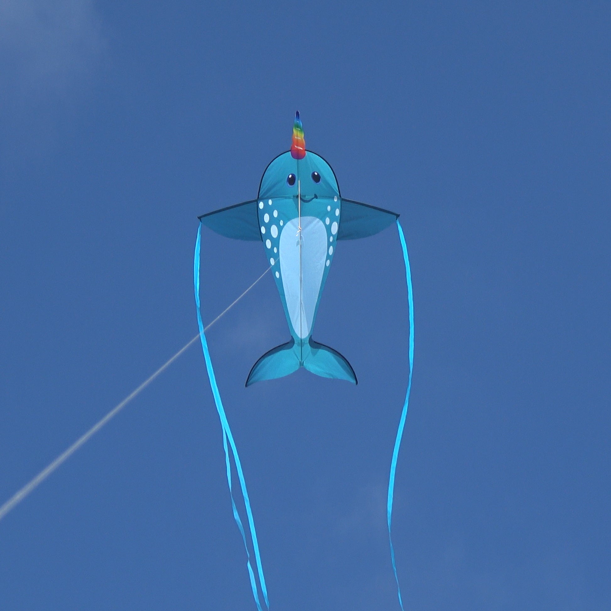 A photo of a WindNSun SuperSize 2-D Narwhal Ripstop Nylon Figure Kite flying