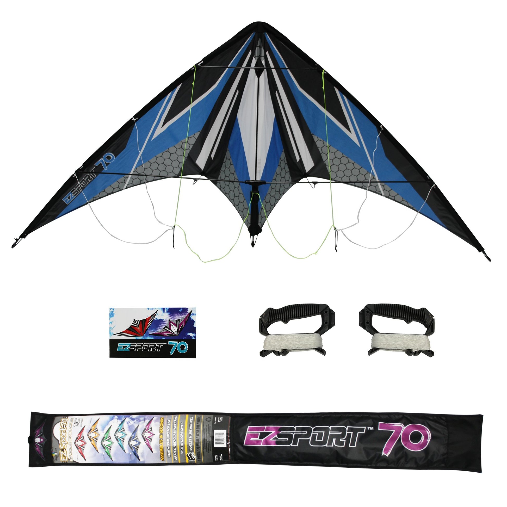 WindNSun EZ Sport 70 Dual Control Sport Kite Blue Hexagon Nylon Kite photo showing handle