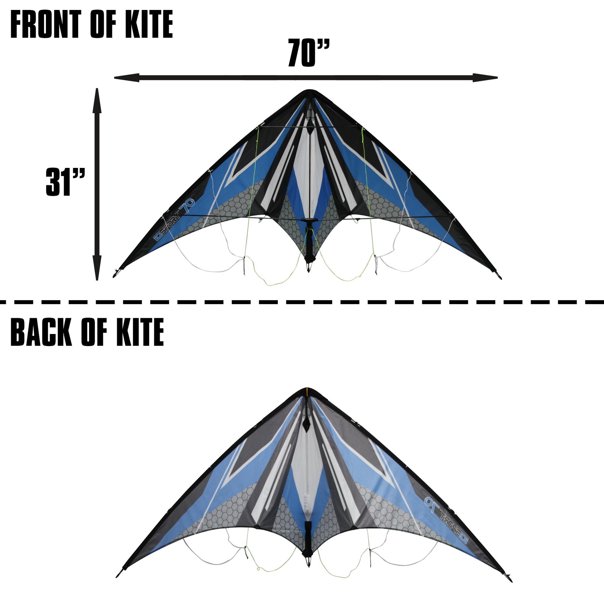 WindNSun EZ Sport 70 Dual Control Sport Kite Blue Hexagon Nylon Kite dimensions