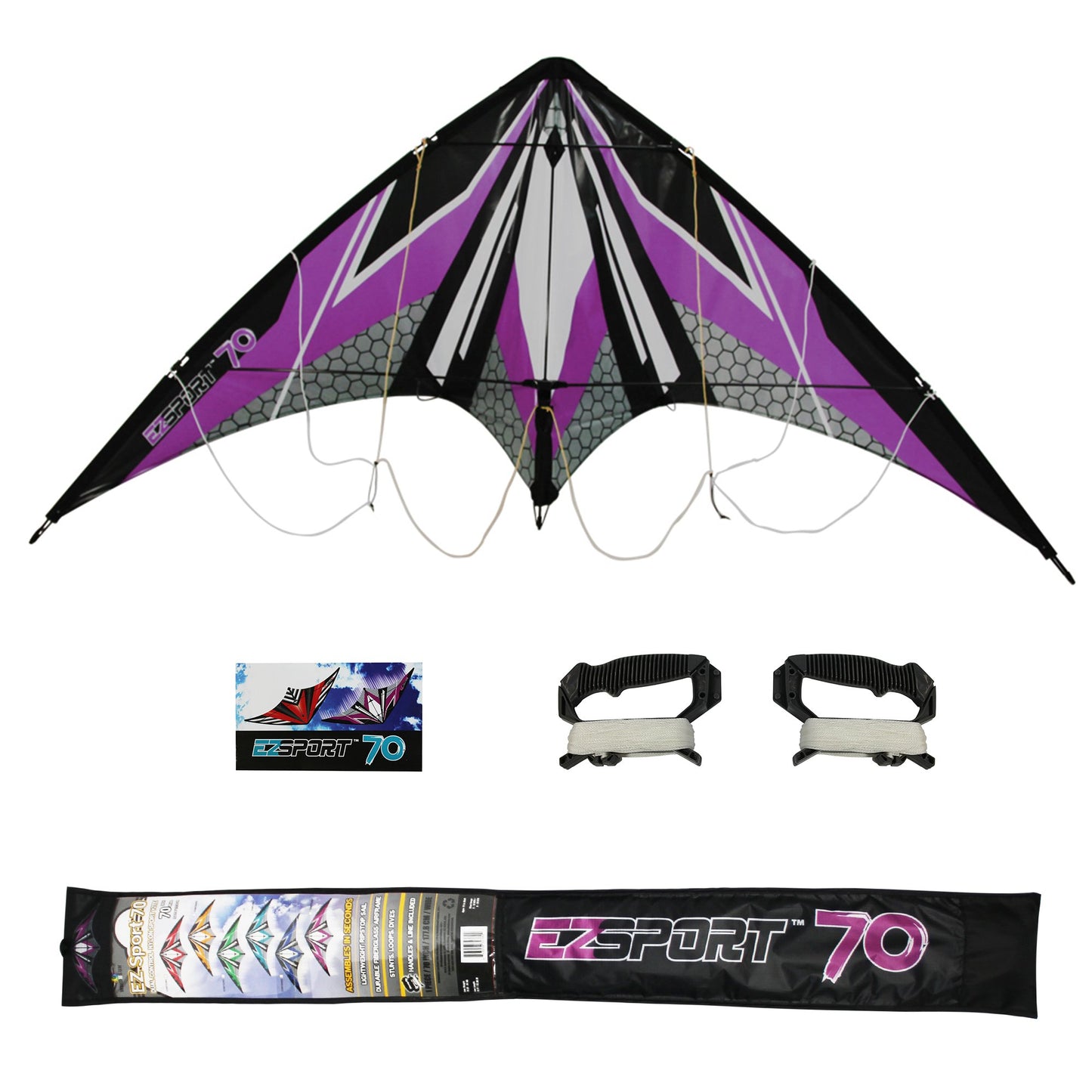 WindNSun EZ Sport 70 Dual Control Sport Kite Purple Hexagon Nylon Kite photo showing handle