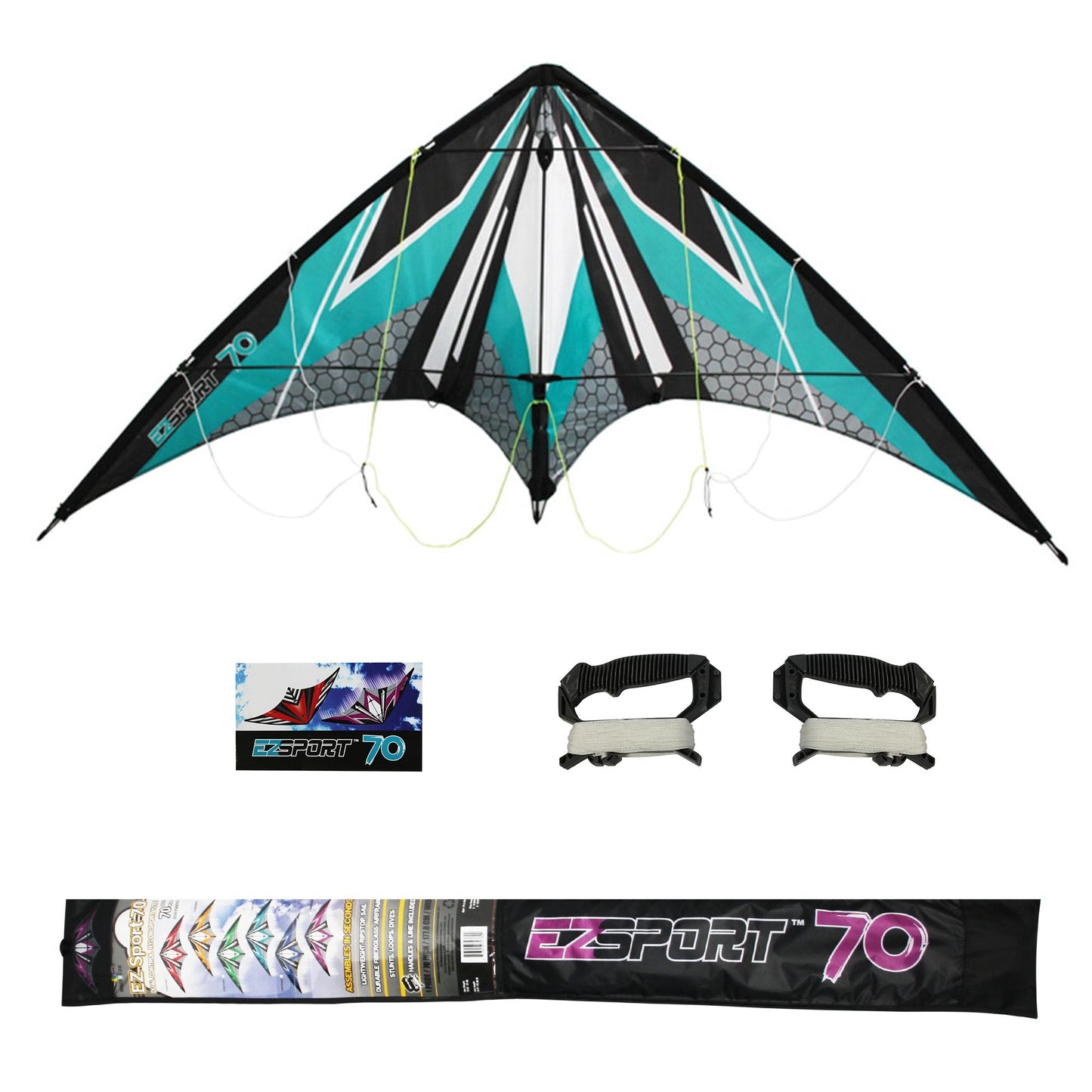 WindNSun EZ Sport 70 Teal Hex Kite, handles, instruction booklet, and nylon carying case