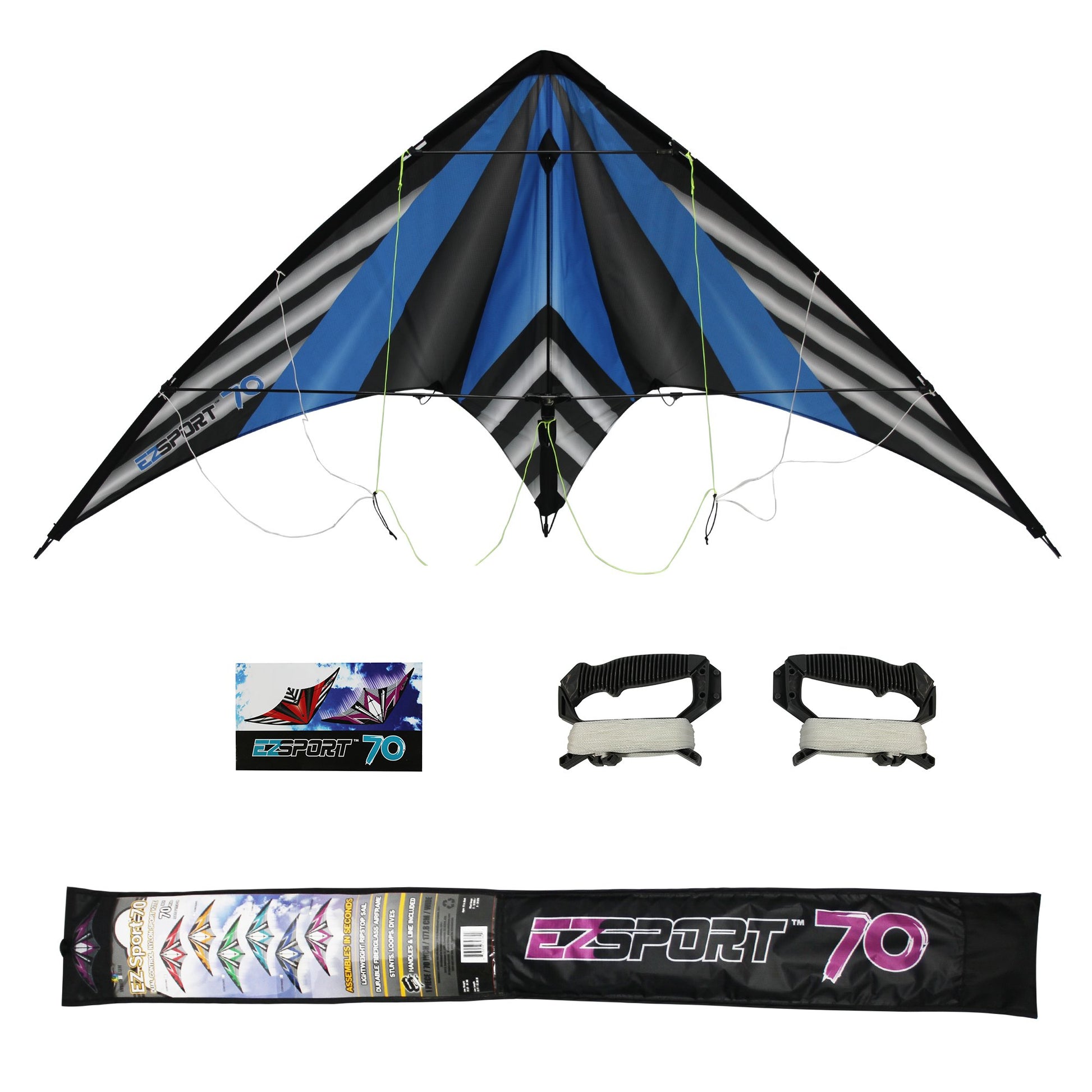 WindNSun EZ Sport 70 Dual Control Sport Kite Blue Stripe Nylon Kite photo showing handle