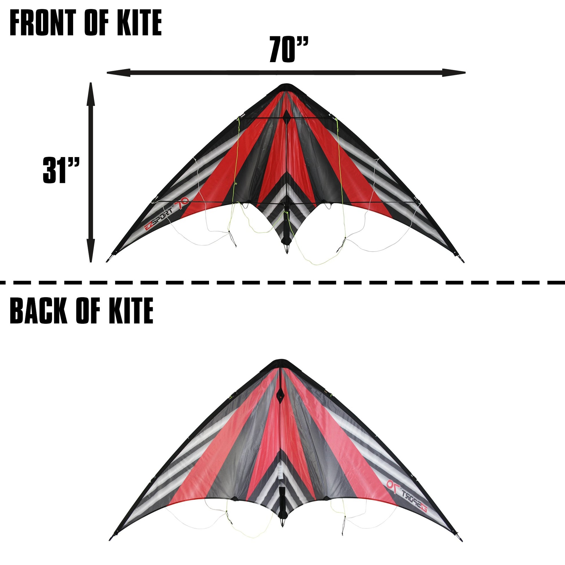 WindNSun EZ Sport 70 Dual Control Sport Kite Red Stripe Nylon Kite dimensions