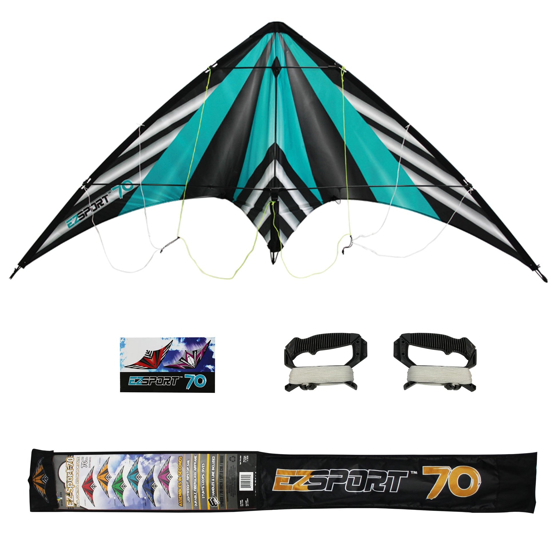 WindNSun EZ Sport 70 Dual Control Sport Kite Teal Stripe Nylon Kite photo showing handle