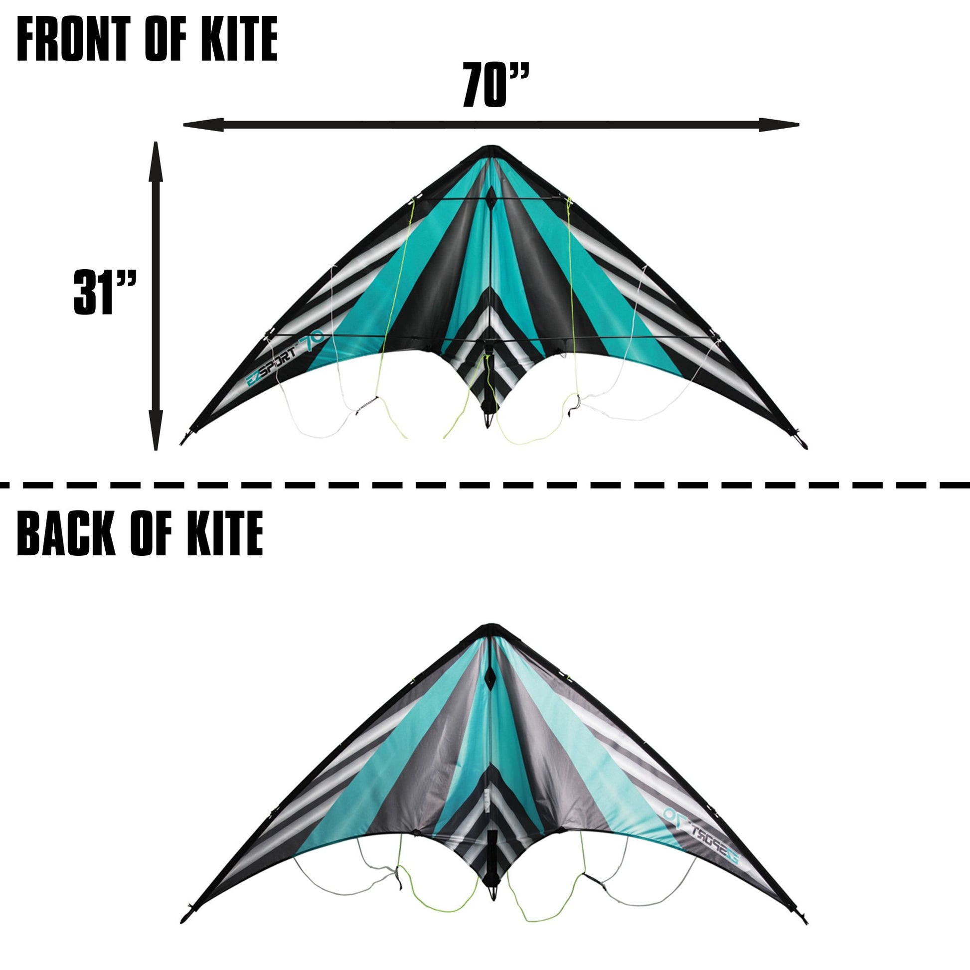 WindNSun EZ Sport 70 Dual Control Sport Kite Teal Stripe Nylon Kite dimensions
