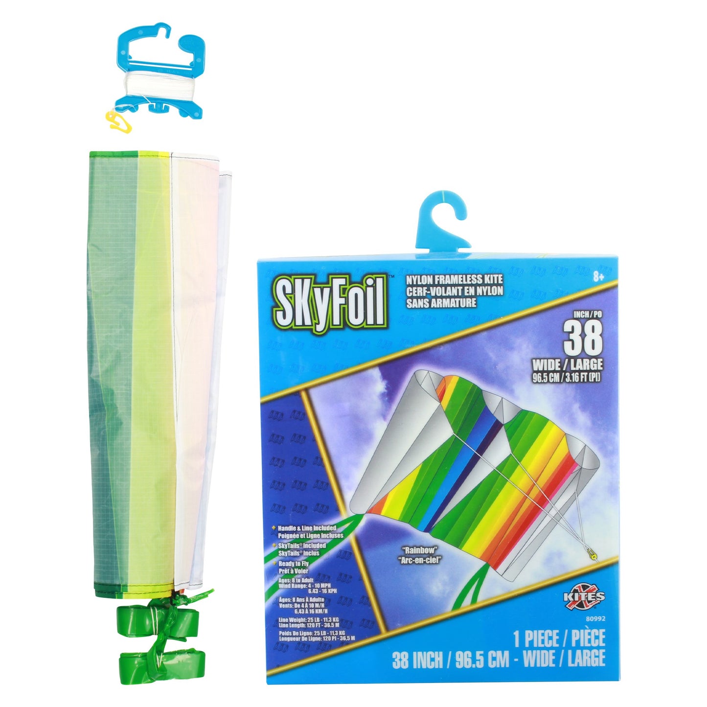 X Kites SkyFoil Rainbow + Pocket Kite Abstract Parafoil Kite Bundle - No Assembly Required packaging and contents