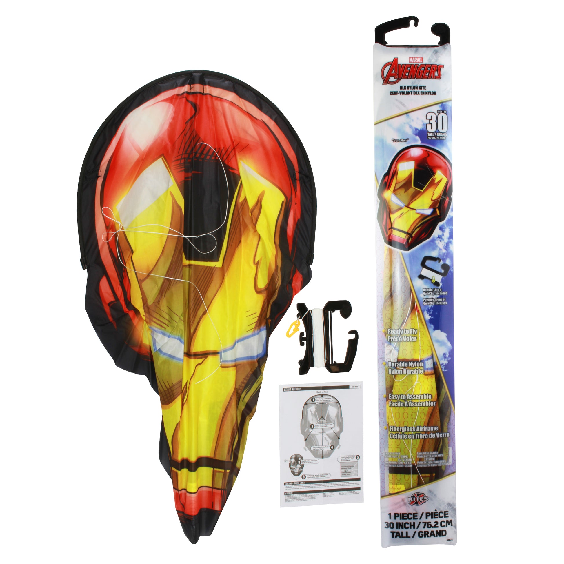 X Kites Face Kite Marvel Avengers Iron Man DLX Nylon Kite packaging and contents