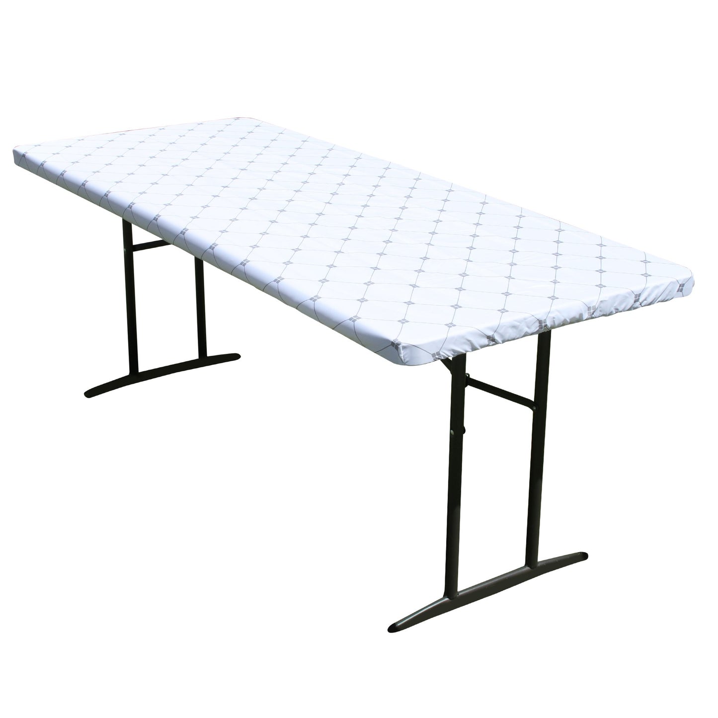 TableCloth PLUS 72" Diamonds Polyester Tablecloth for 6' Folding Tables displayed adorning a folding table