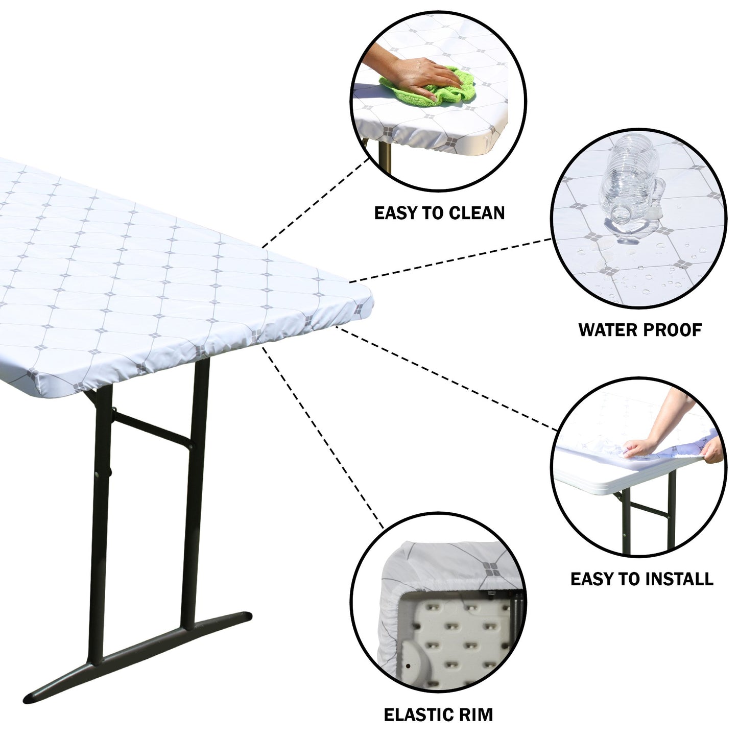 TableCloth PLUS 72" Diamonds Polyester Tablecloth for 6' Folding Tables is easy to clean, water proof, easy to install, and has an elastic rim