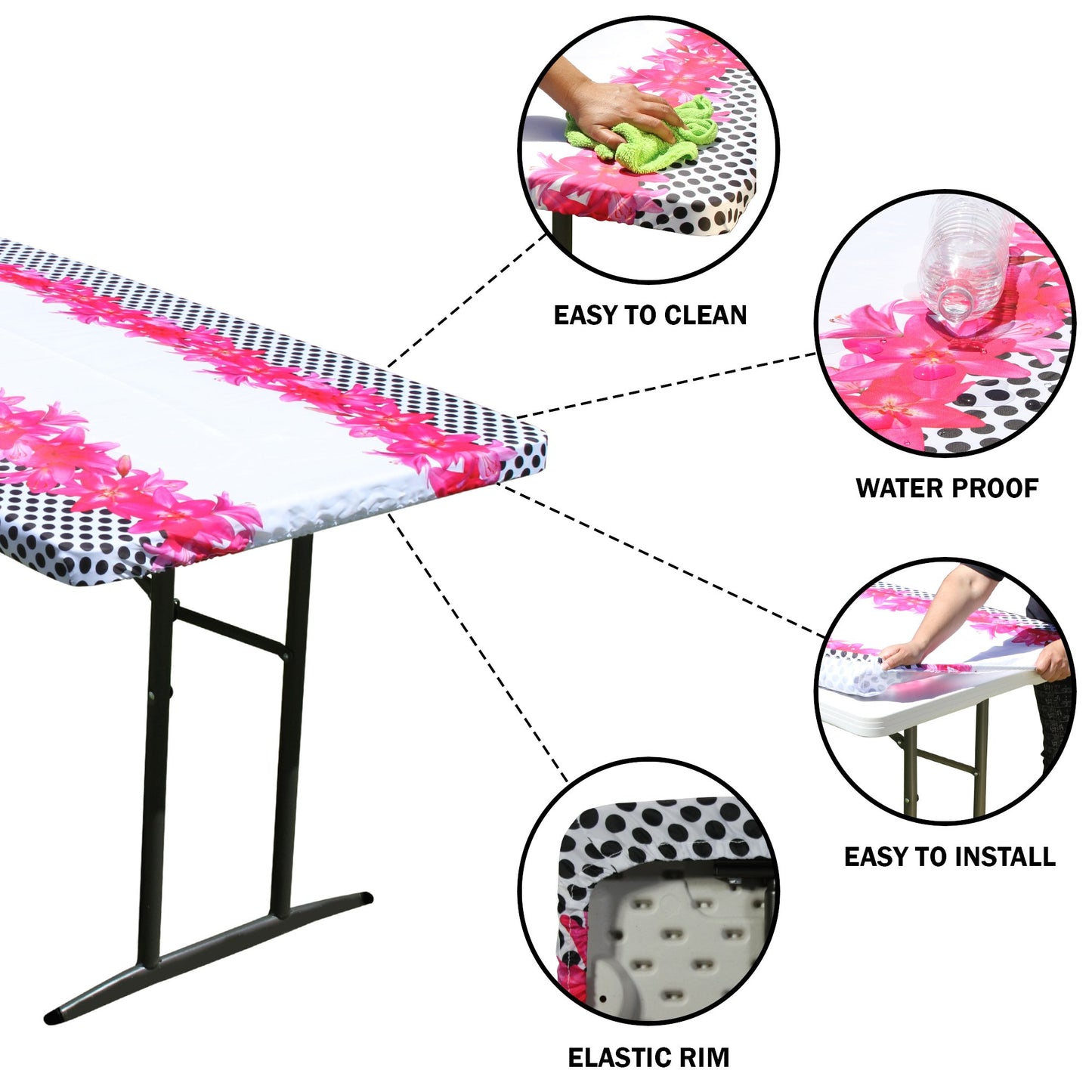 TableCloth PLUS 72" Lilies Fitted Polyester Tablecloth for 6' Folding Tables is easy to clean, water proof, easy to install, and has an elastic rim
