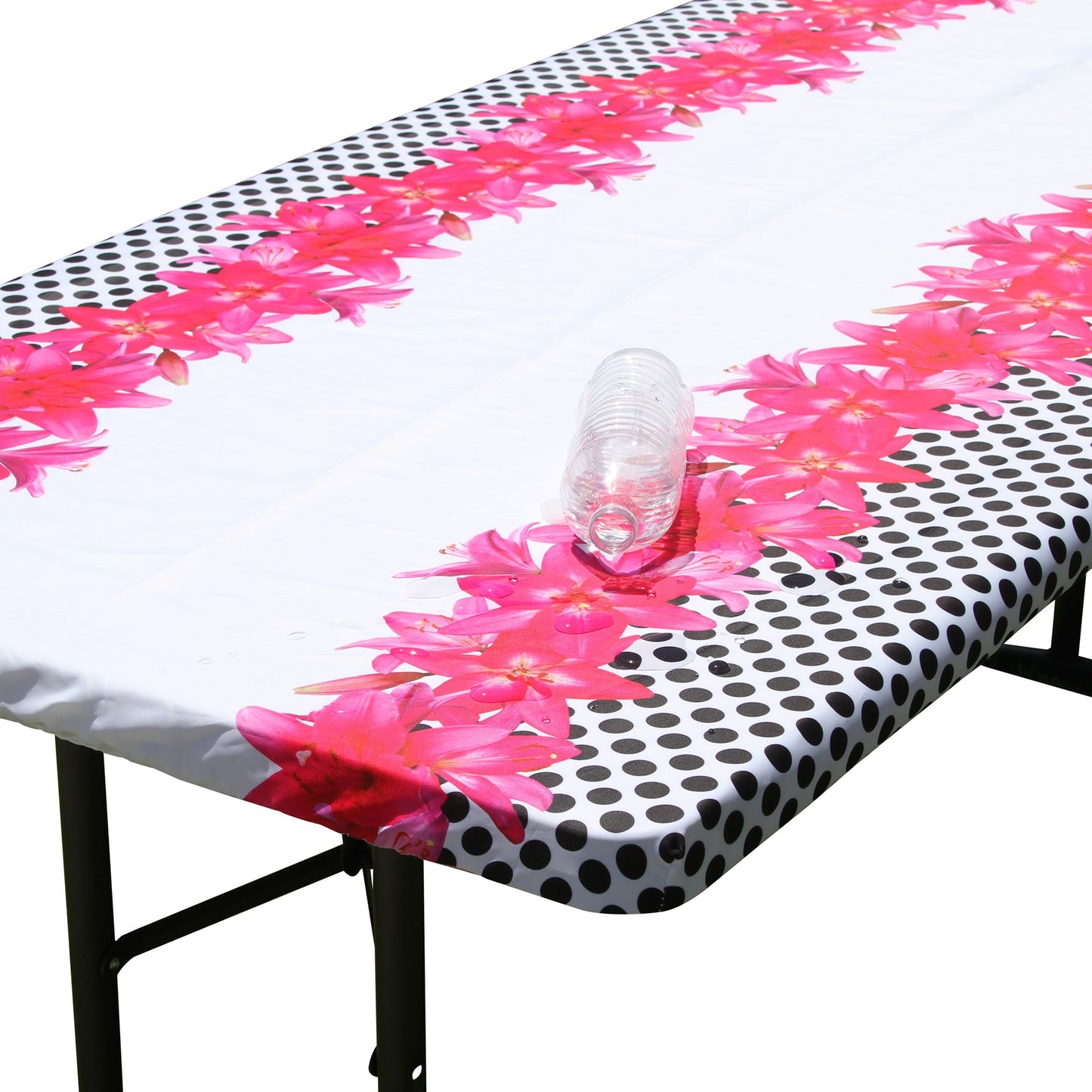 Water beading up on the water resistant surface of TableCloth PLUS 72" Lilies Fitted Polyester Tablecloth for 6' Folding Tables