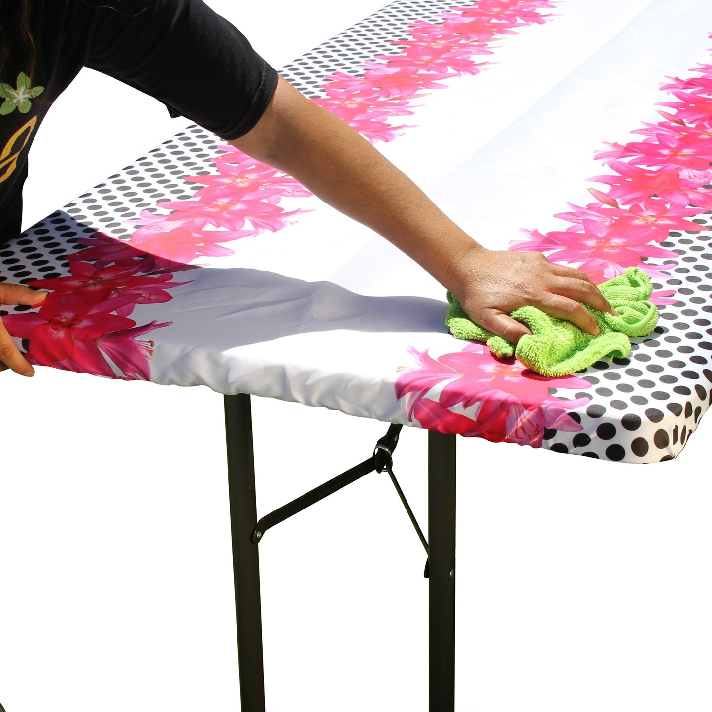 TableCloth PLUS 72" Lilies Fitted Polyester Tablecloth for 6' Folding Tables can be wiped clean with a cloth
