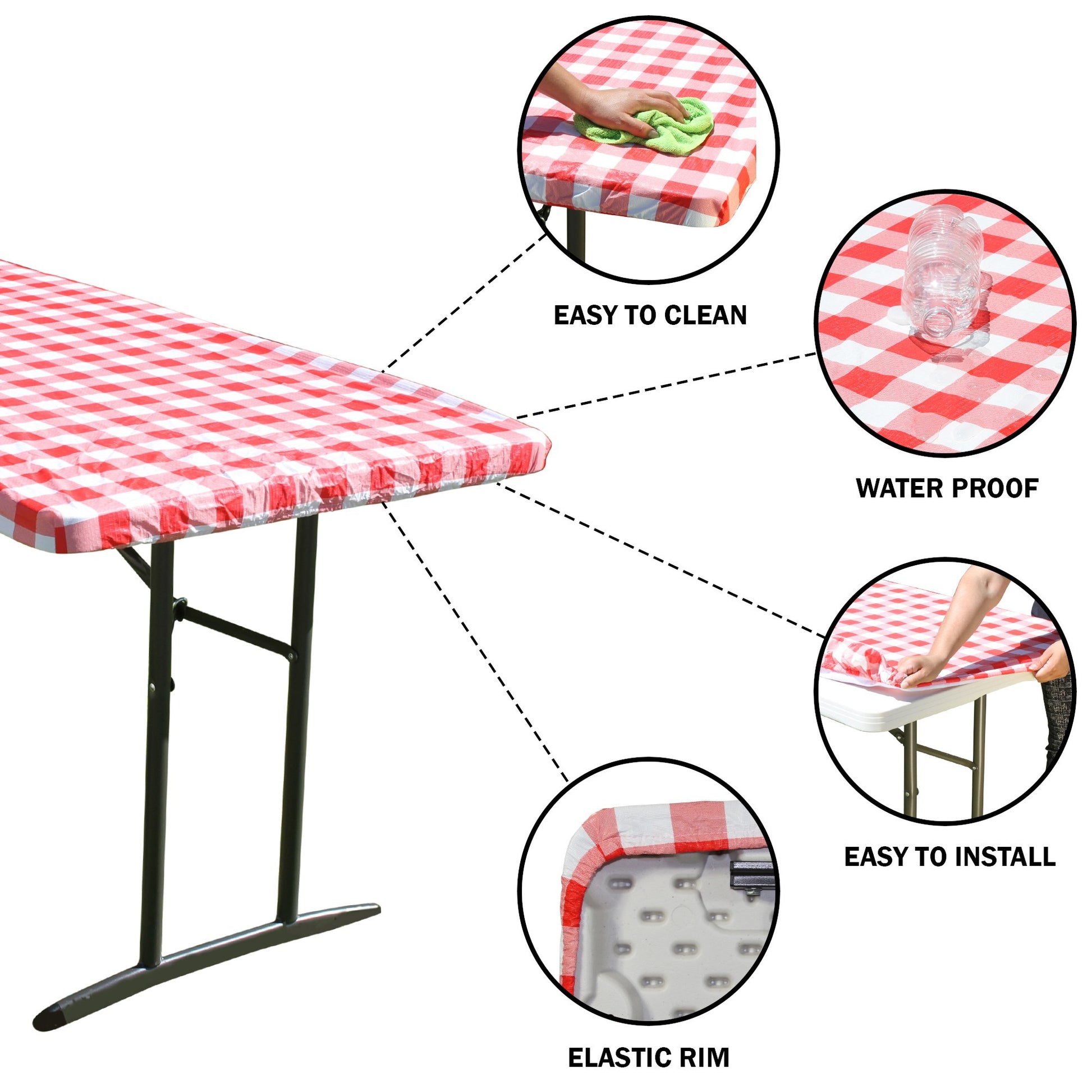 TableCloth PLUS 72" Checkerboard Red and White Fitted Polyester Tablecloth for 6' Folding Tables is easy to clean, water proof, easy to install, and has an elastic rim