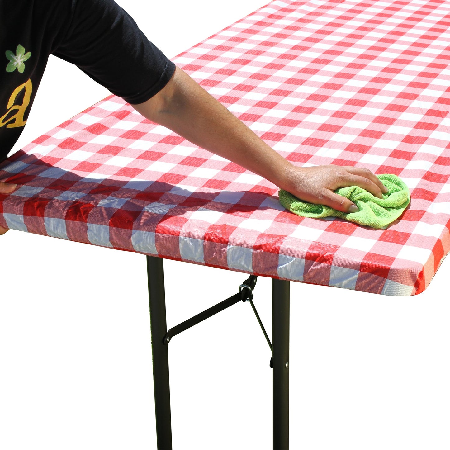 TableCloth PLUS 72" Checkerboard Red and White Fitted Polyester Tablecloth for 6' Folding Tables can be wiped clean with a cloth
