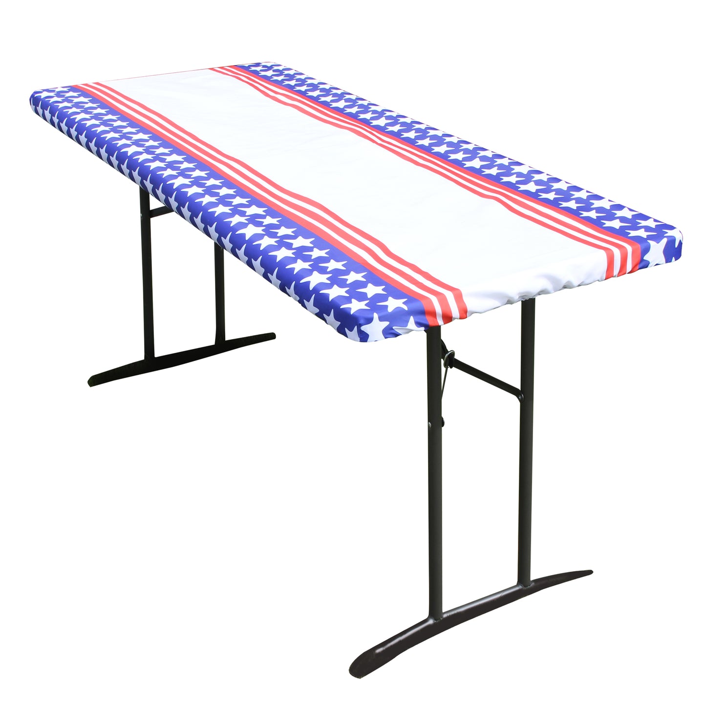 A person stretching TableCloth PLUS 72" Stars & Stripes Fitted Polyester Tablecloth for 6' Folding Tables over a folding table