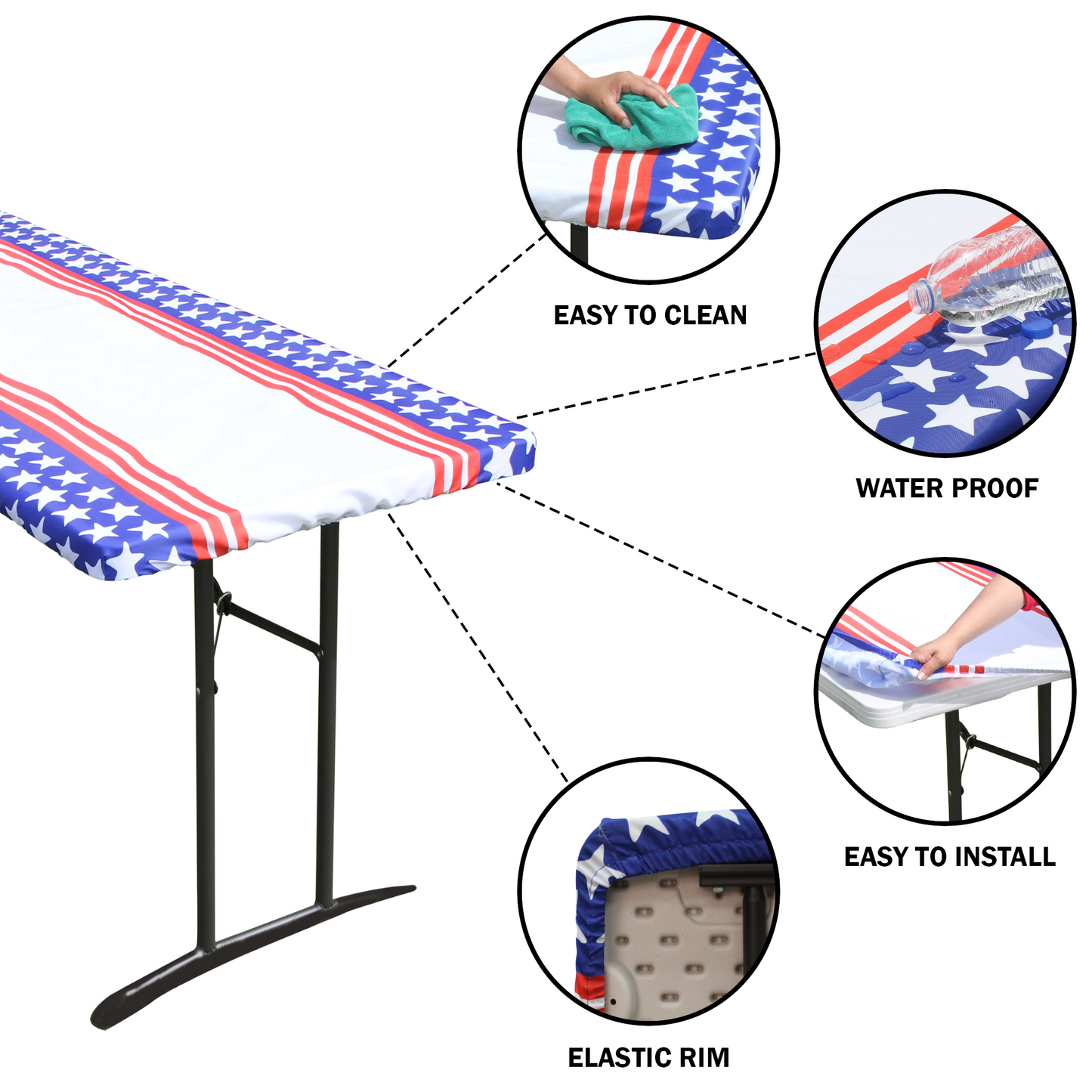 TableCloth PLUS 72" Stars & Stripes Fitted Polyester Tablecloth for 6' Folding Tables is easy to clean, water proof, easy to install, and has an elastic rim