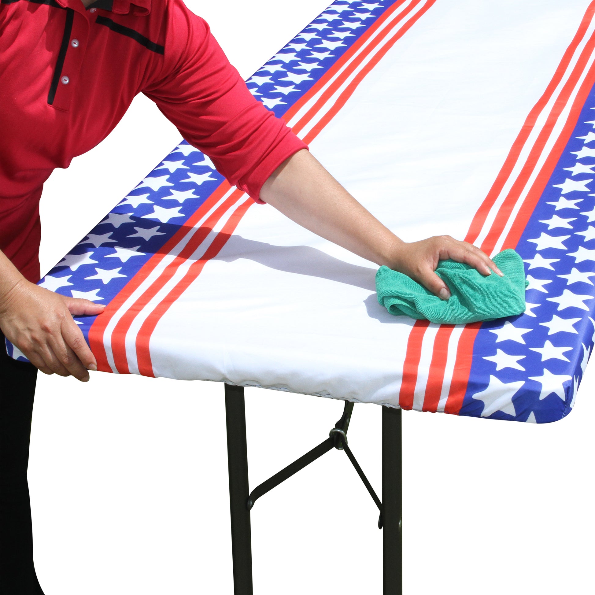 TableCloth PLUS 72" Stars & Stripes Fitted Polyester Tablecloth for 6' Folding Tables is easy to wipe clean