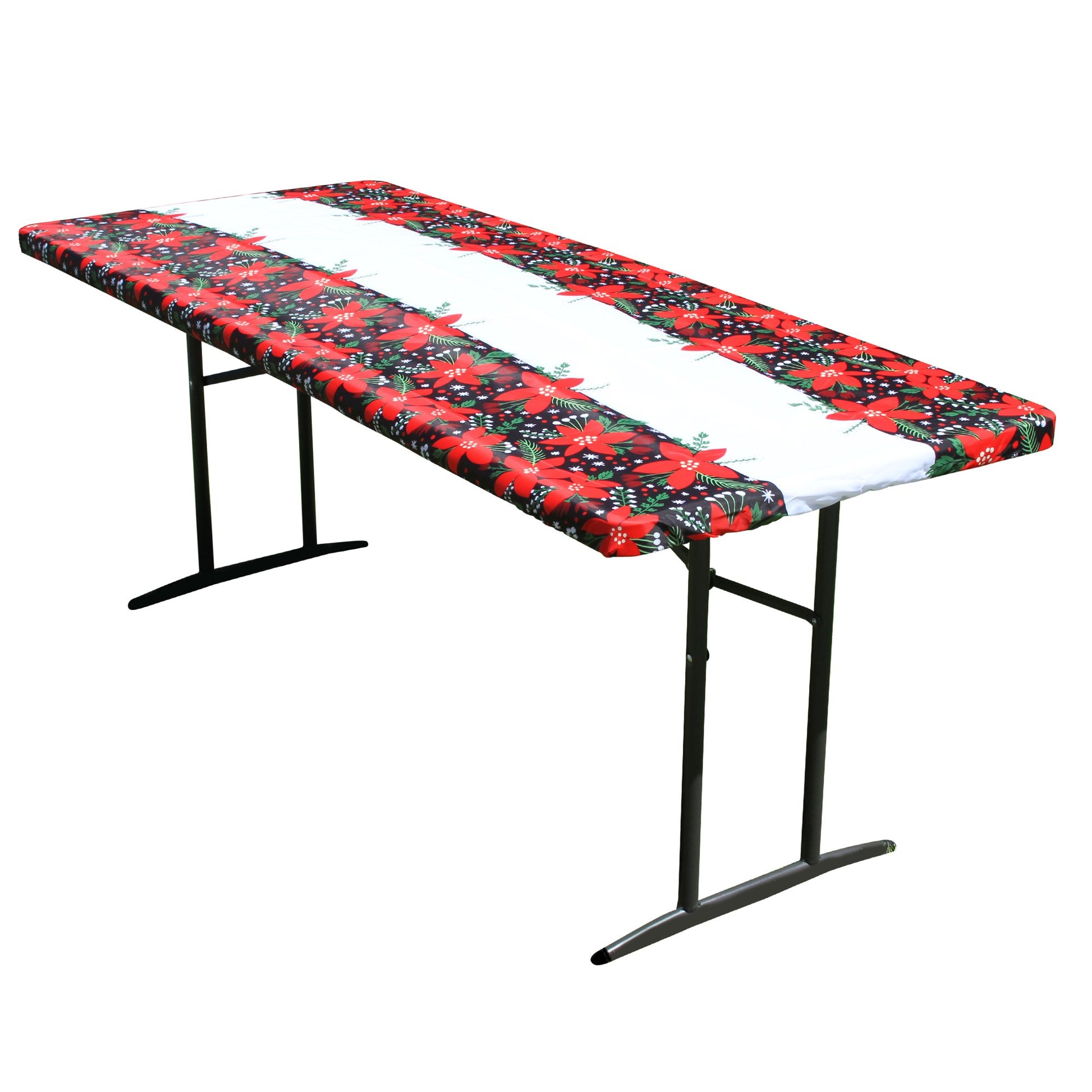 TableCloth PLUS 72" Winter Fitted Polyester Tablecloth for 6' Folding Tables displayed adorning a folding table