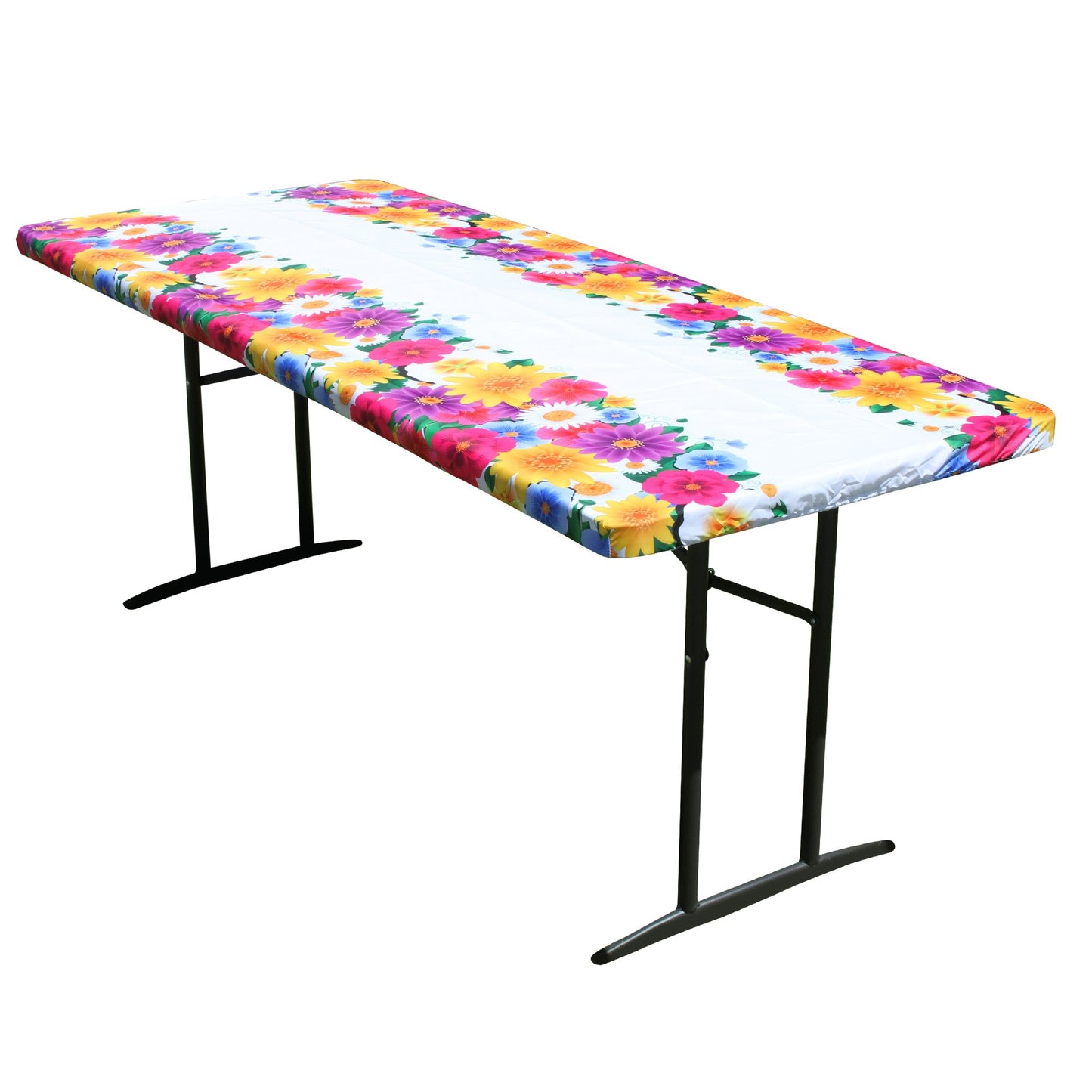 TableCloth PLUS 72" Spring Fitted Polyester Tablecloth for 6' Folding Tables displayed adorning a folding table