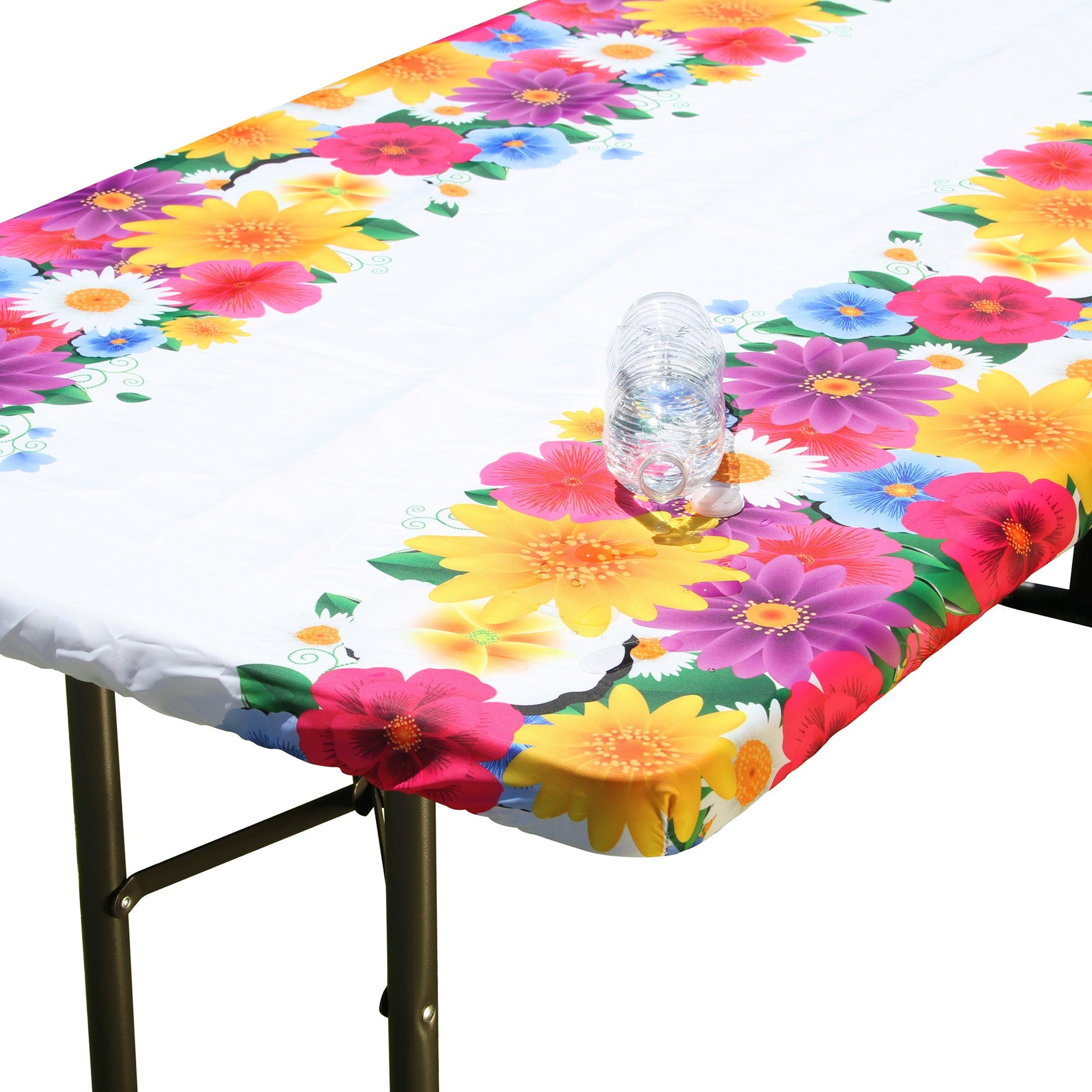 Water beading up on the water resistant surface of TableCloth PLUS 72" Spring Fitted Polyester Tablecloth for 6' Folding Tables
