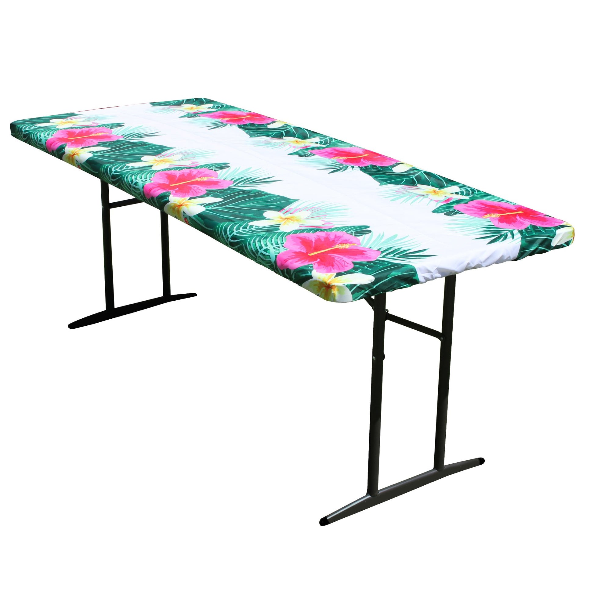 TableCloth PLUS 72" Summer Fitted Polyester Tablecloth for 6' Folding Tables displayed adorning a folding table
